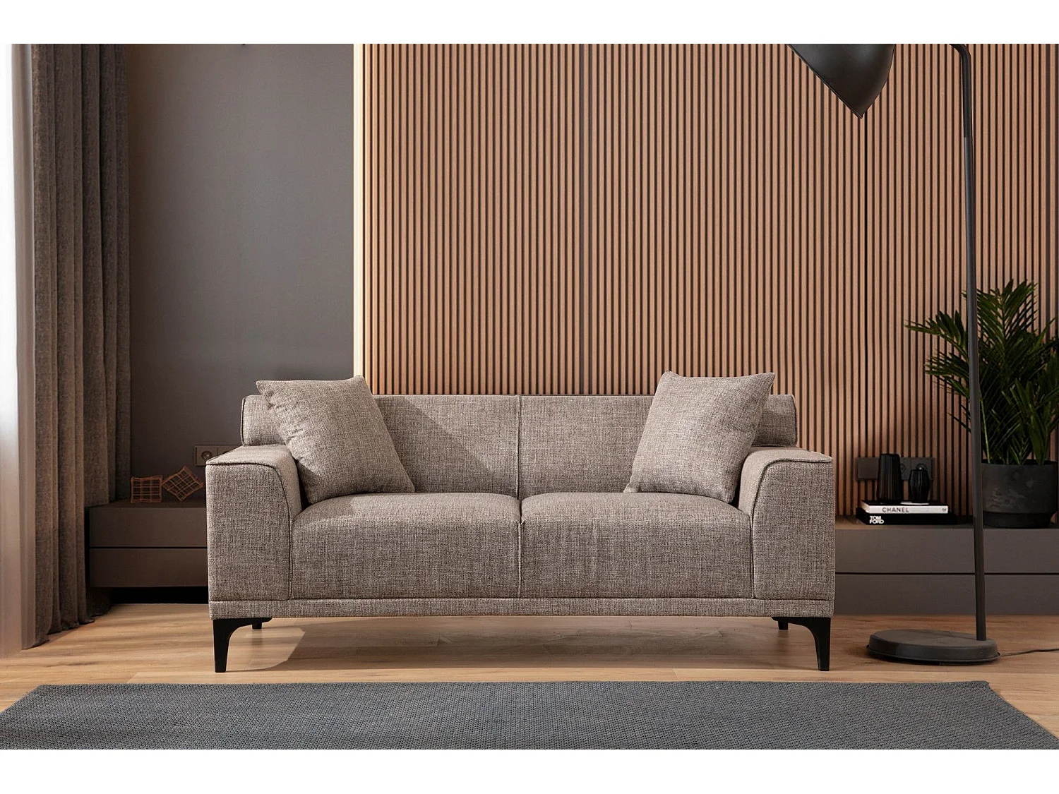 2-zits rechte bank in bruine stof met 2 Tivano kussens 163 cm