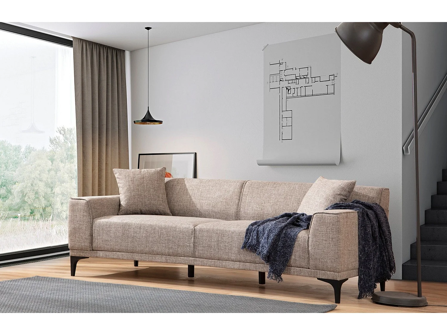 3-zits rechte bank in beige stof met 2 Tivano kussens 212 cm