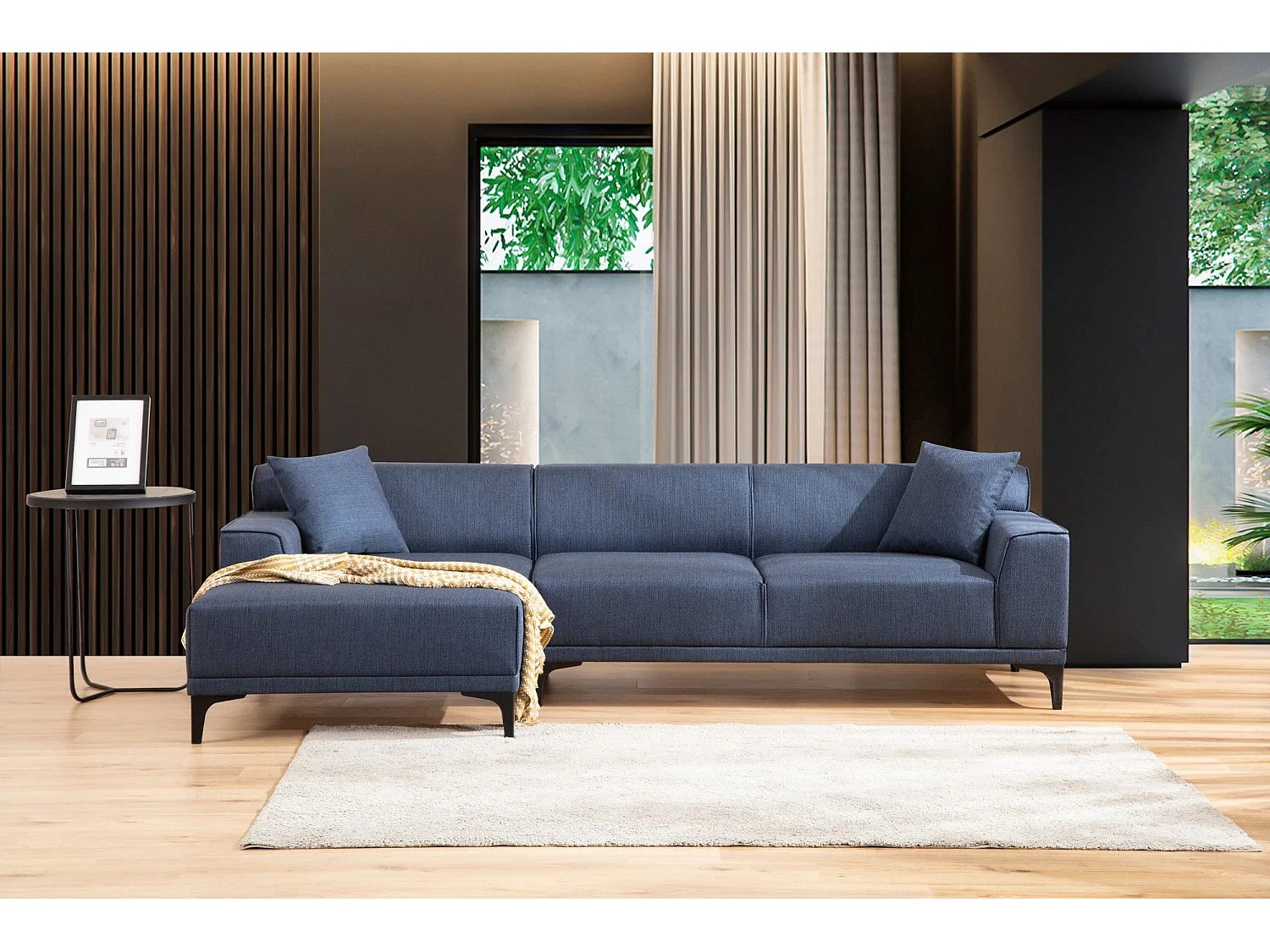 Canapé d'angle gauche avec 2 coussins Navagio Tissu Bleu