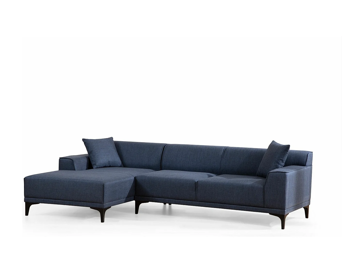 Moderne hoekbank links in blauwe stof met 2 kussens Tivano 250 cm