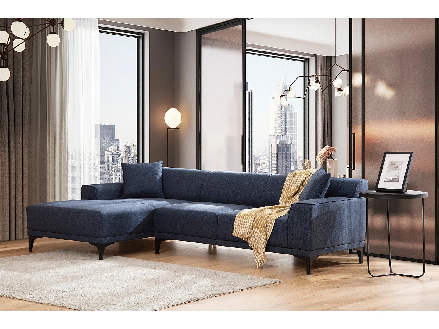 Moderne hoekbank links in blauwe stof met 2 kussens Tivano 250 cm