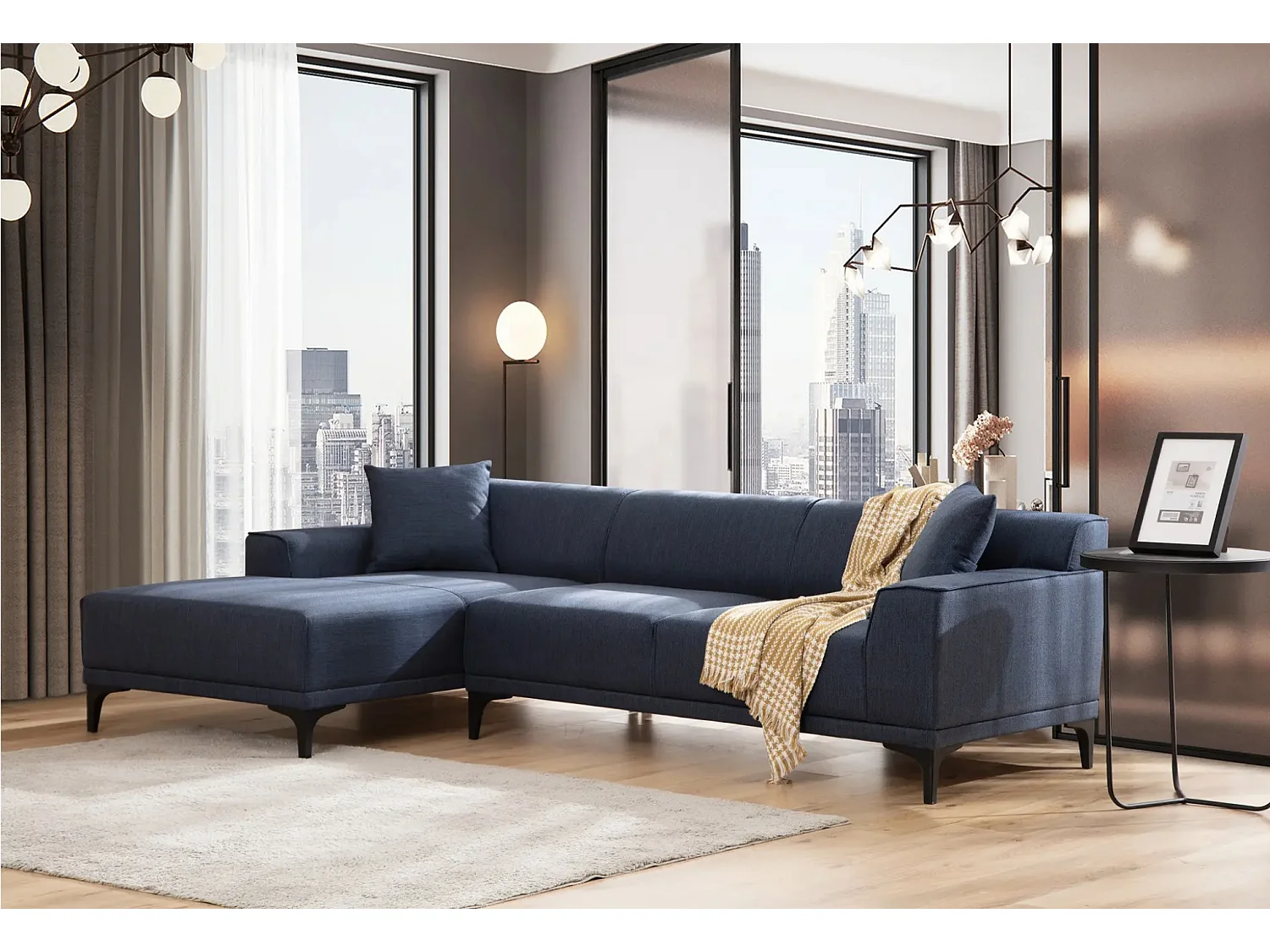 Moderne hoekbank links in blauwe stof met 2 kussens Tivano 250 cm