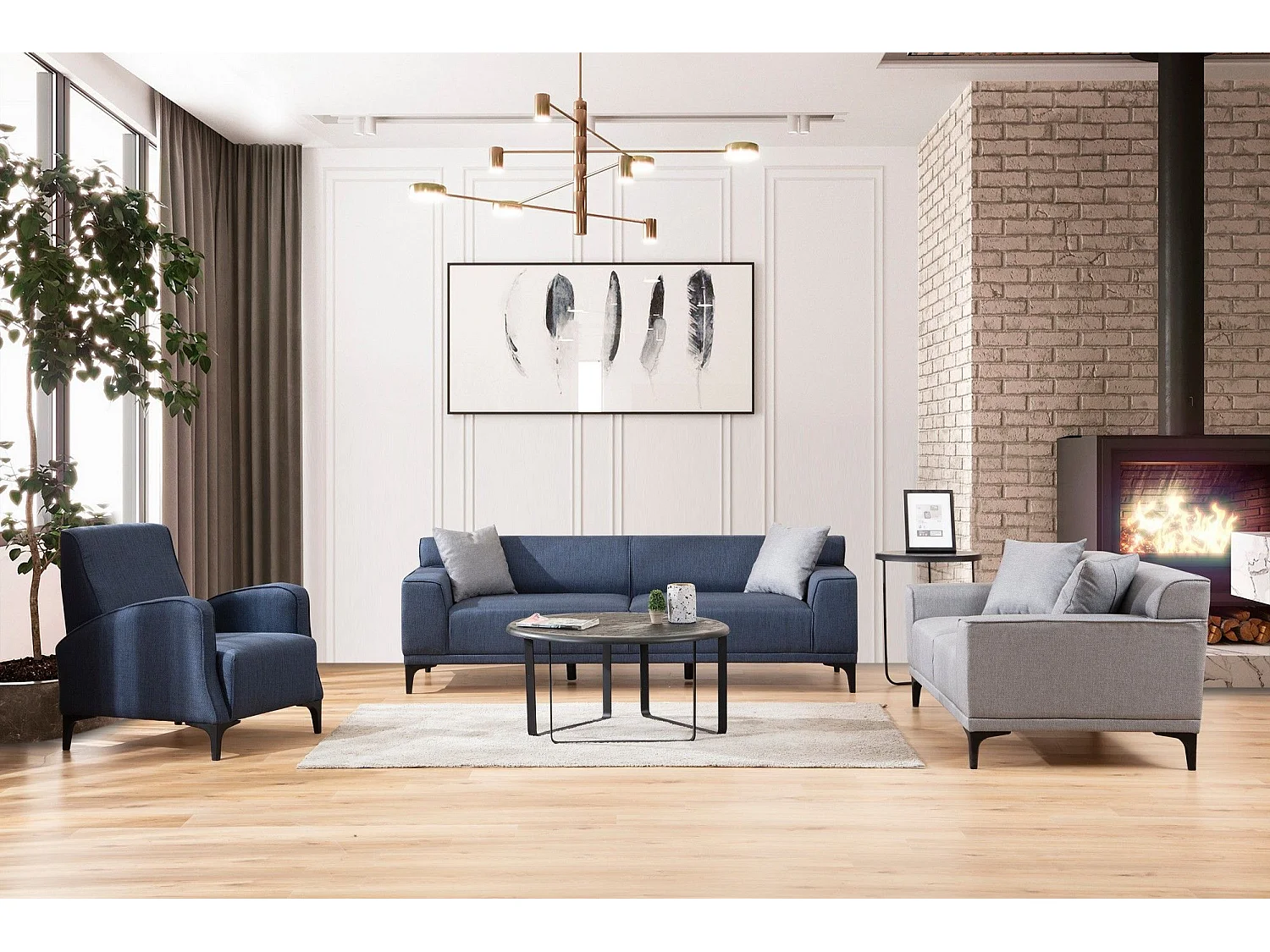 2-zits rechte bank in lichtgrijze stof met 2 Tivano kussens 163 cm