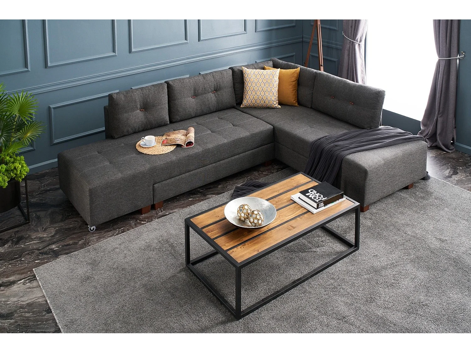 Canapé d'angle à droite convertible Rhodes Tissu Anthracite