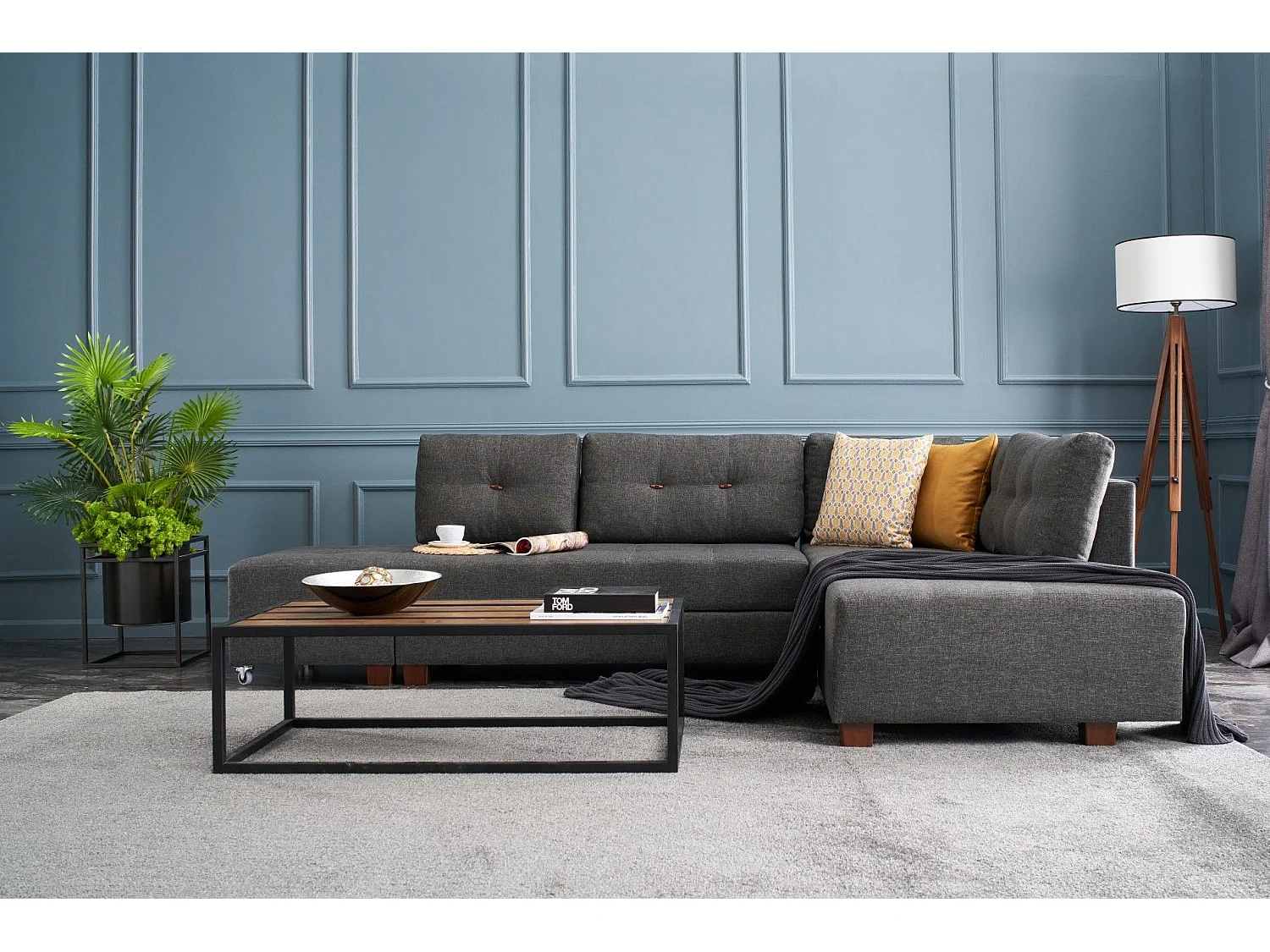 Canapé d'angle à droite convertible Rhodes Tissu Anthracite