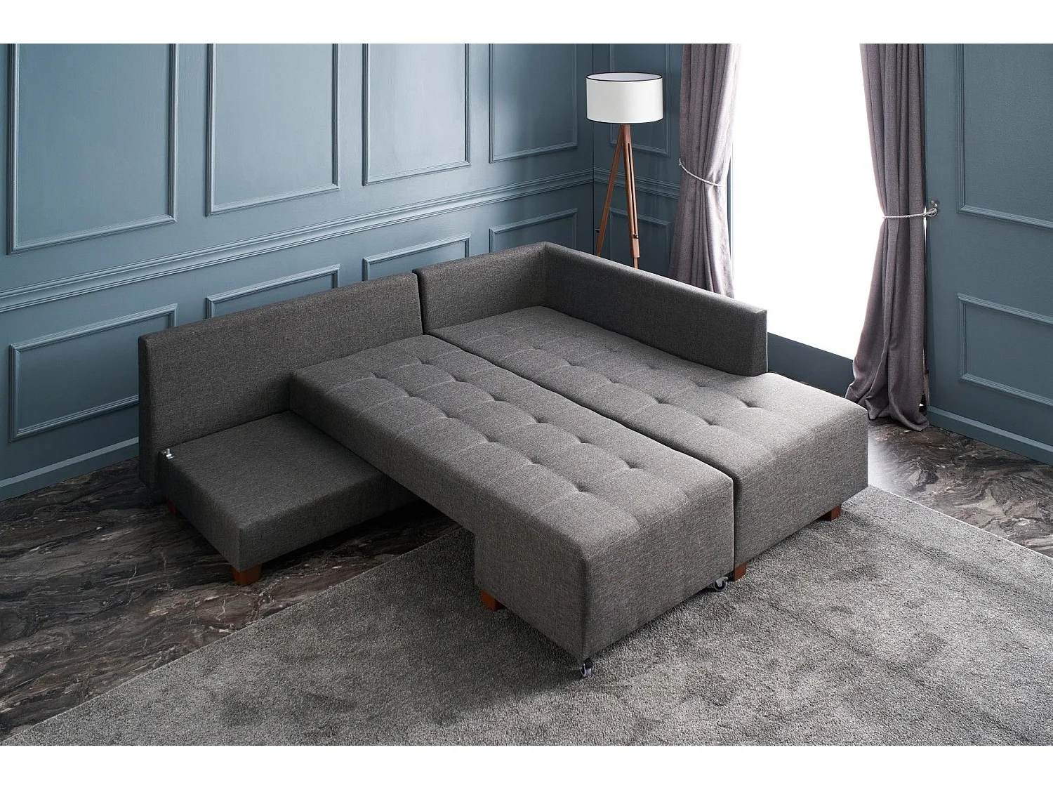 Canapé d'angle à droite convertible Rhodes Tissu Anthracite