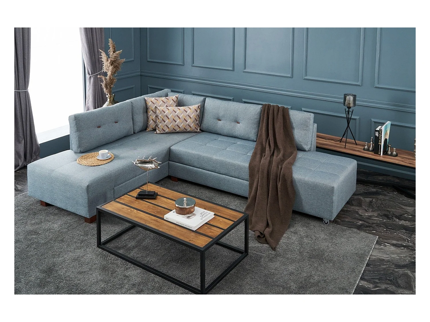 Canapé d'angle gauche convertible Rhodes Tissu Bleu clair