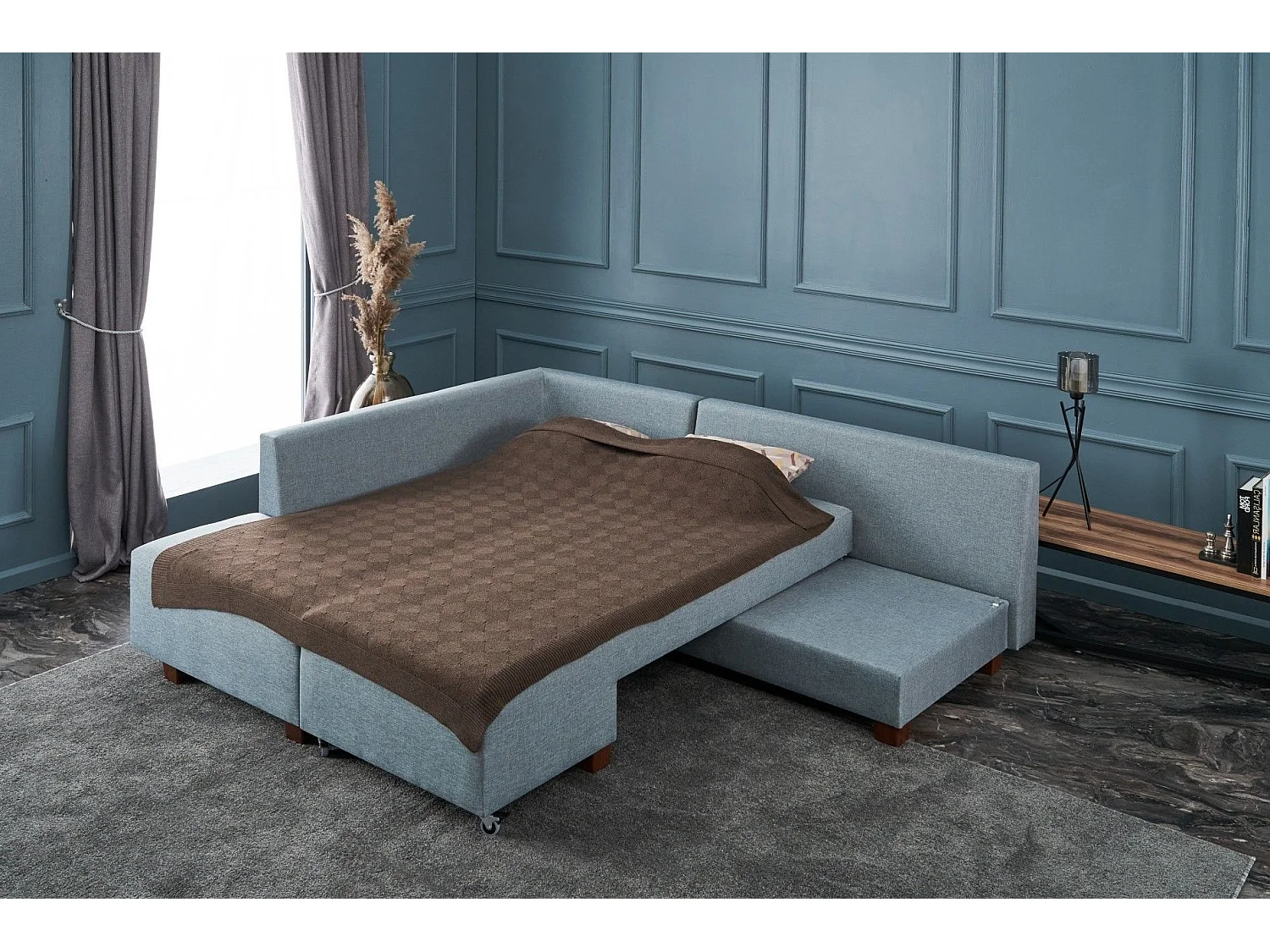 Divona lichtblauwe stoffen converteerbare hoekbank 282 cm-Model Linkerhoek