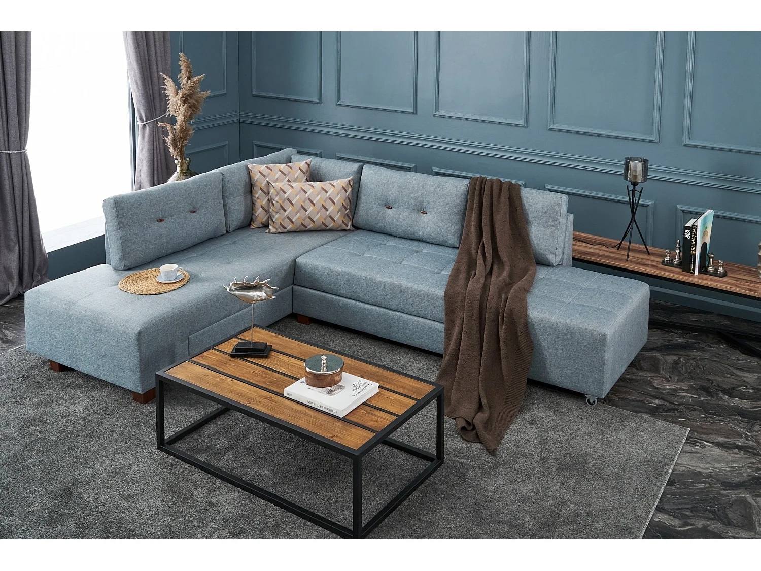 Divona lichtblauwe stoffen converteerbare hoekbank 282 cm-Model Linkerhoek