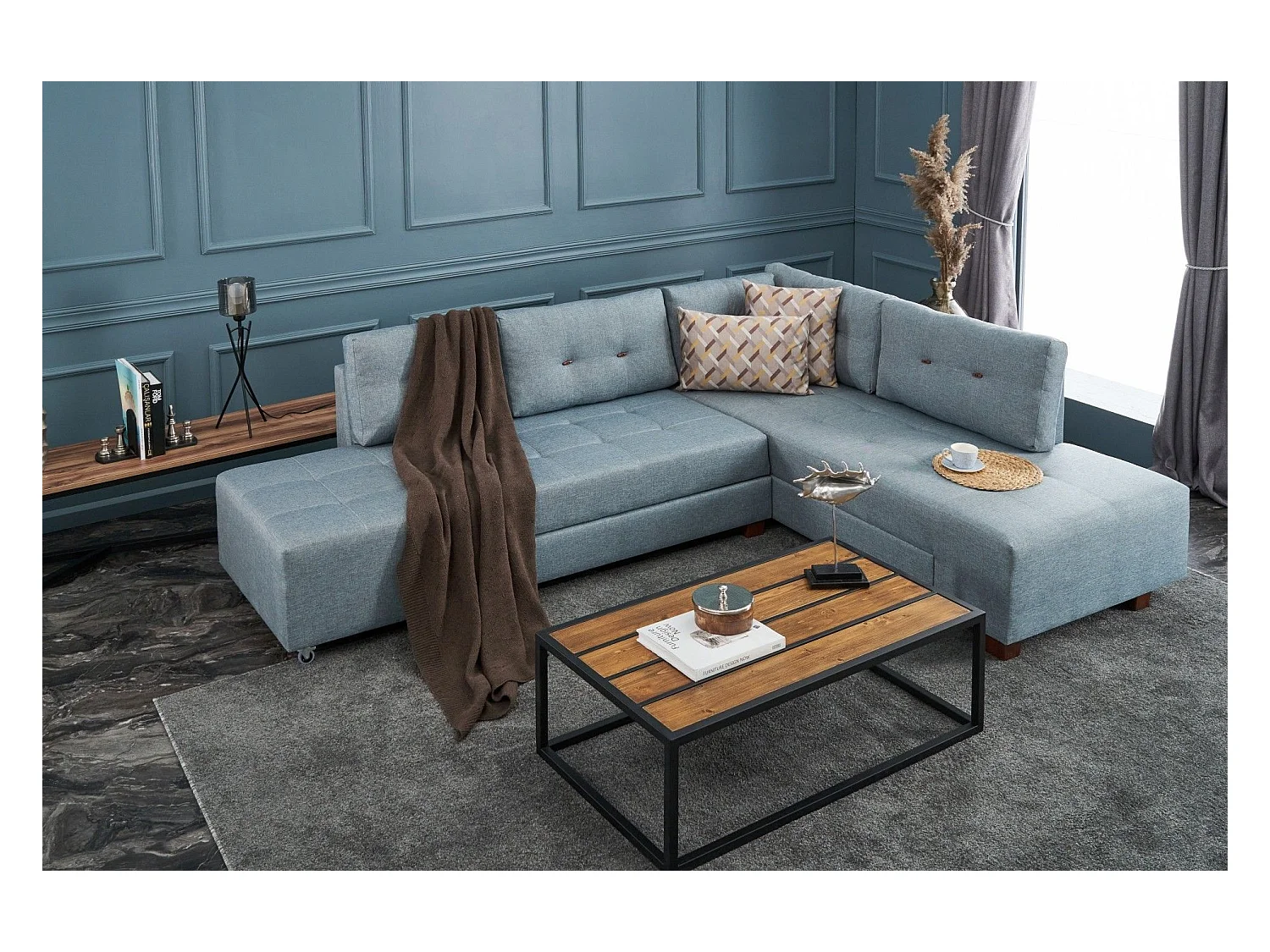 Canapé d'angle à droite convertible Rhodes Tissu Bleu clair