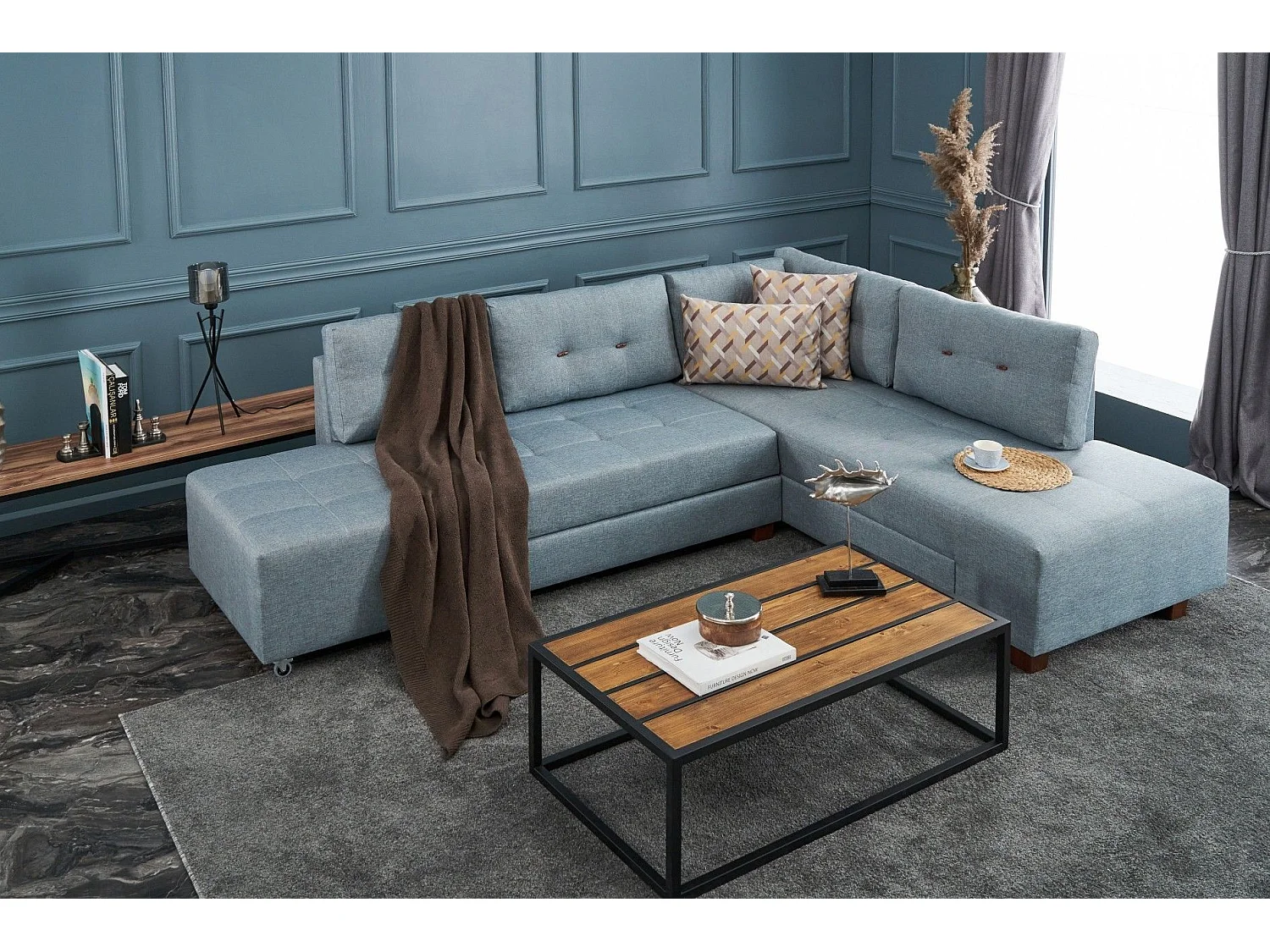 Divona lichtblauwe stoffen converteerbare hoekbank 282 cm-Model Juiste hoek