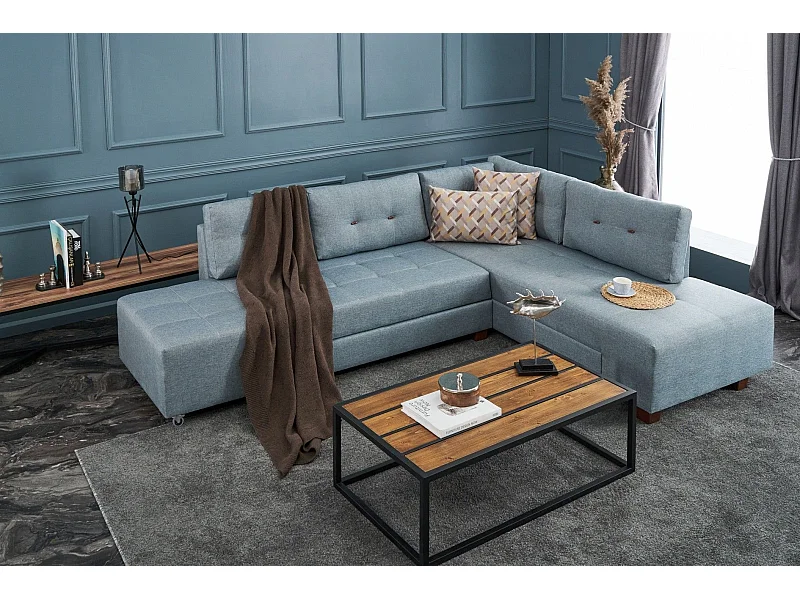 Canapé d'angle à droite convertible Rhodes Tissu Bleu clair