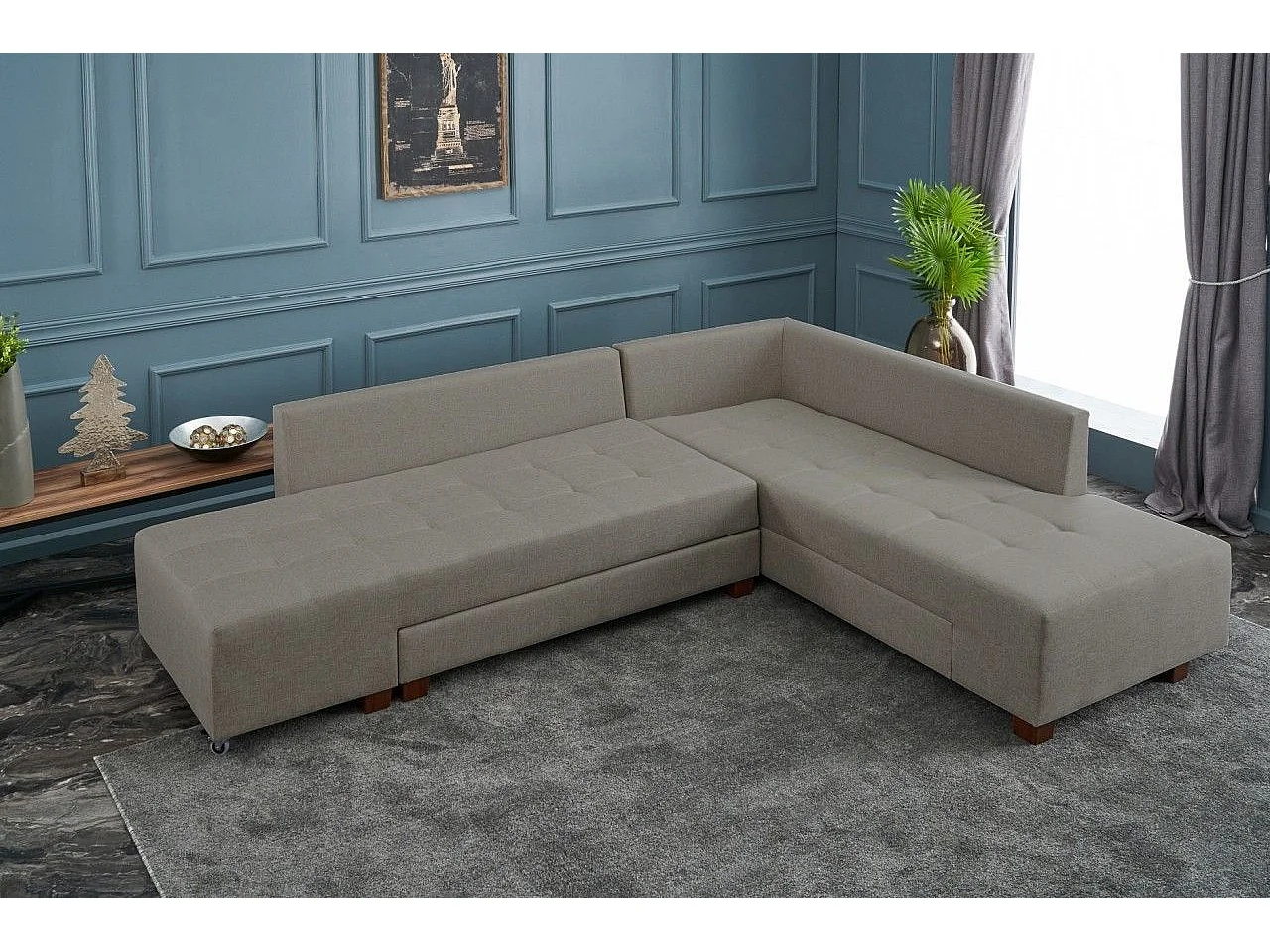 Canapé d'angle à droite convertible Rhodes Tissu Beige