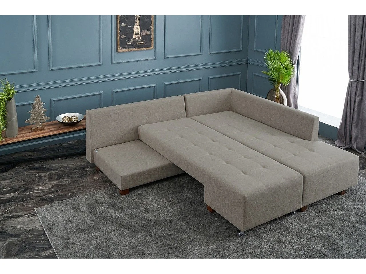 Canapé d'angle à droite convertible Rhodes Tissu Beige