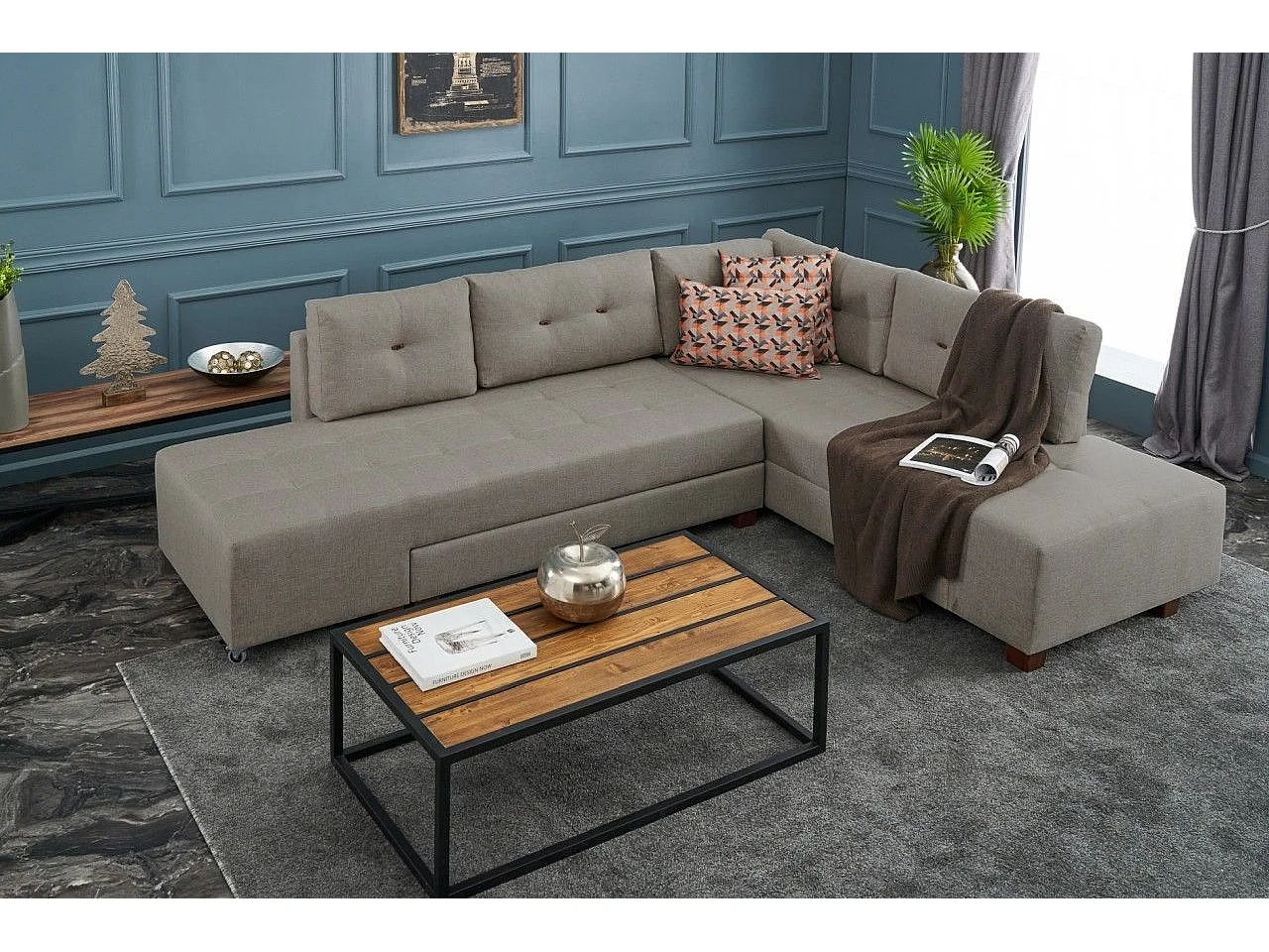 Canapé d'angle à droite convertible Rhodes Tissu Beige