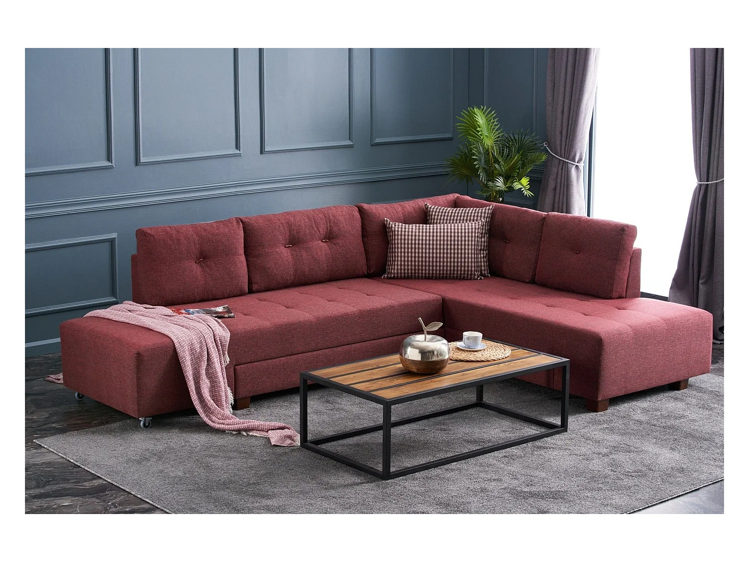 Canapé d'angle à droite convertible Rhodes Tissu Bordeaux