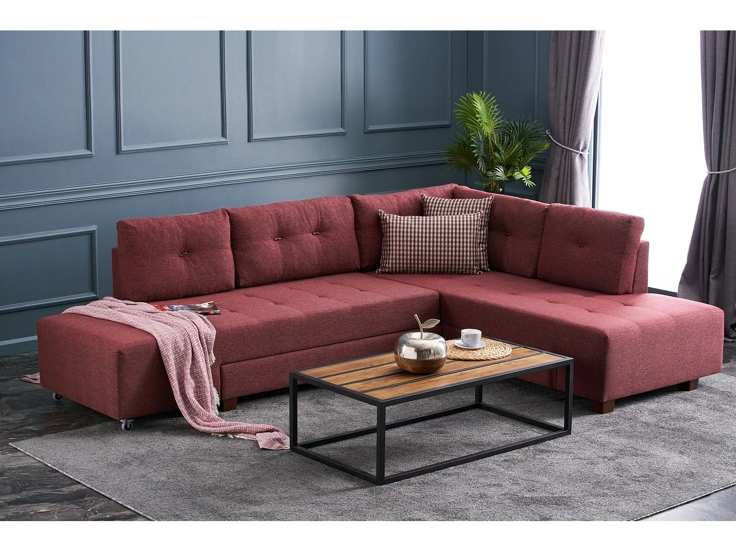 Canapé d'angle à droite convertible Rhodes Tissu Bordeaux