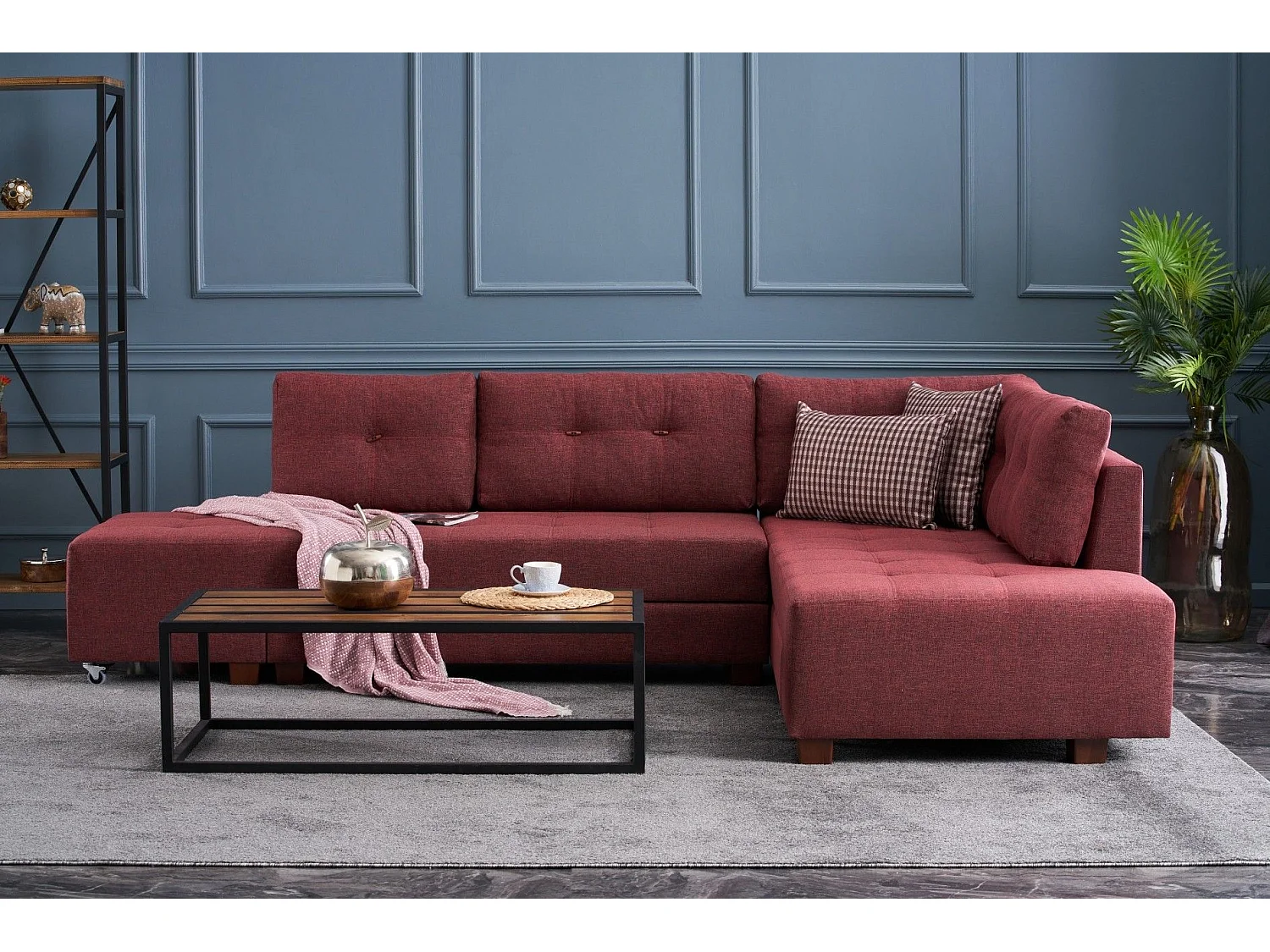 Canapé d'angle à droite convertible Rhodes Tissu Bordeaux