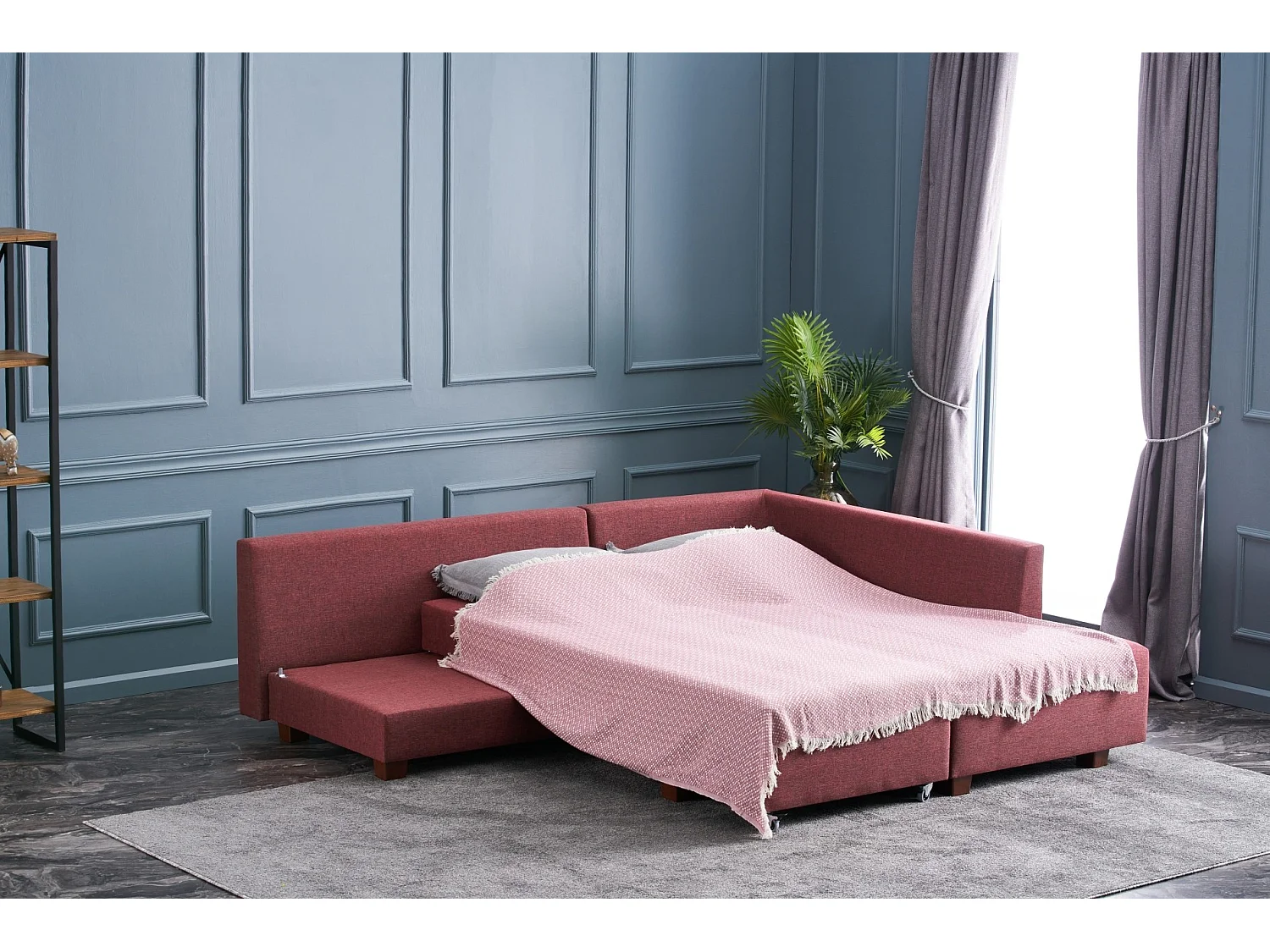 Canapé d'angle à droite convertible Rhodes Tissu Bordeaux