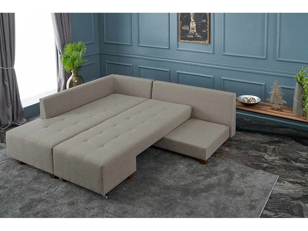 Canapé d'angle gauche convertible Rhodes Tissu Beige