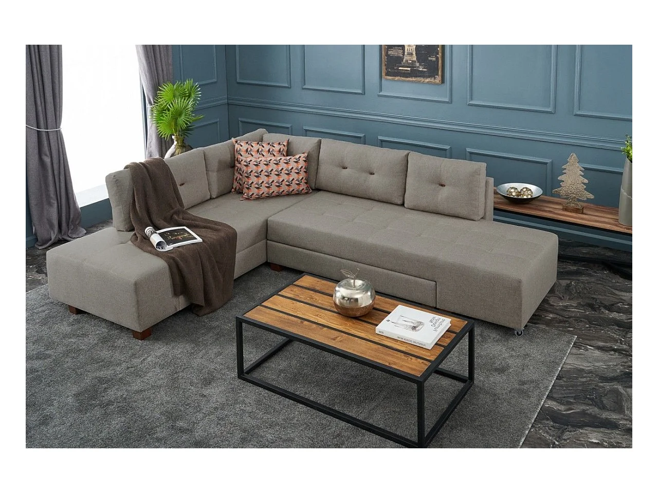 Canapé d'angle gauche convertible Rhodes Tissu Beige