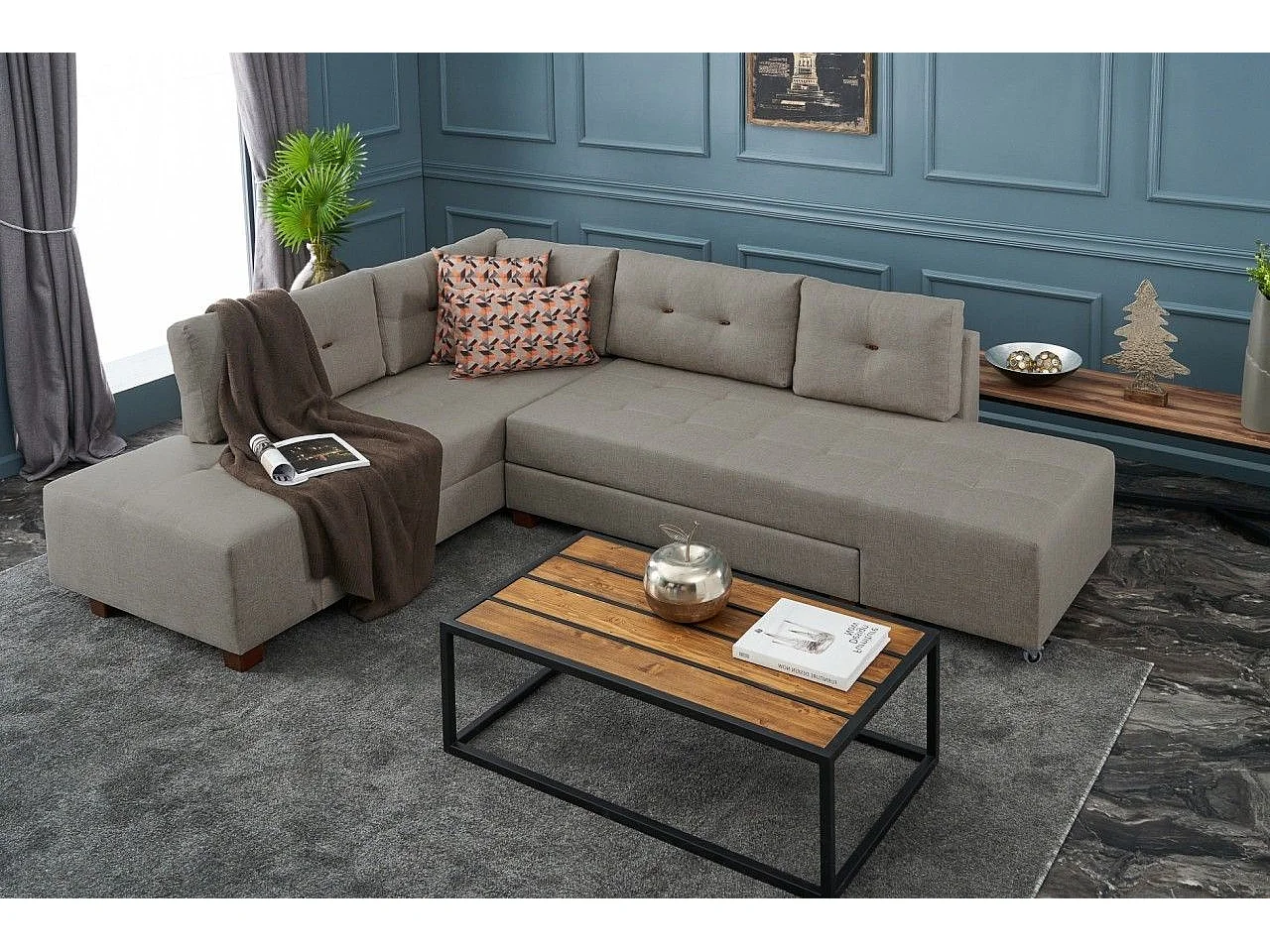 Canapé d'angle gauche convertible Rhodes Tissu Beige