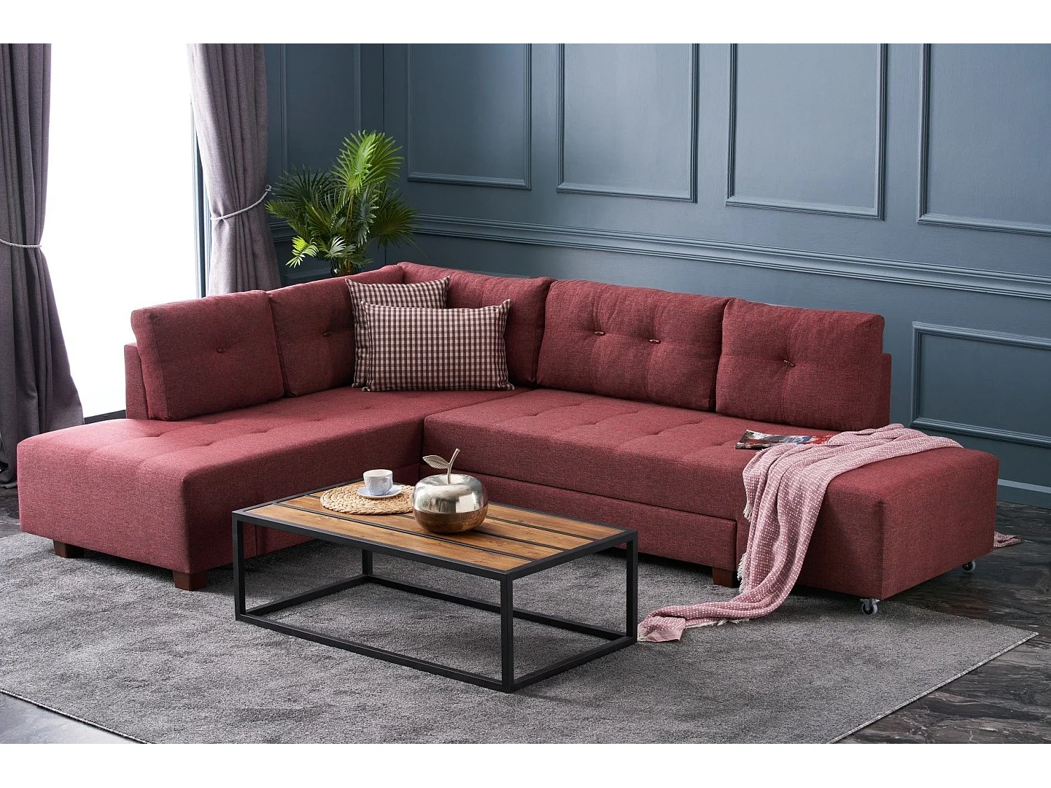 Canapé d'angle gauche convertible Rhodes Tissu Bordeaux