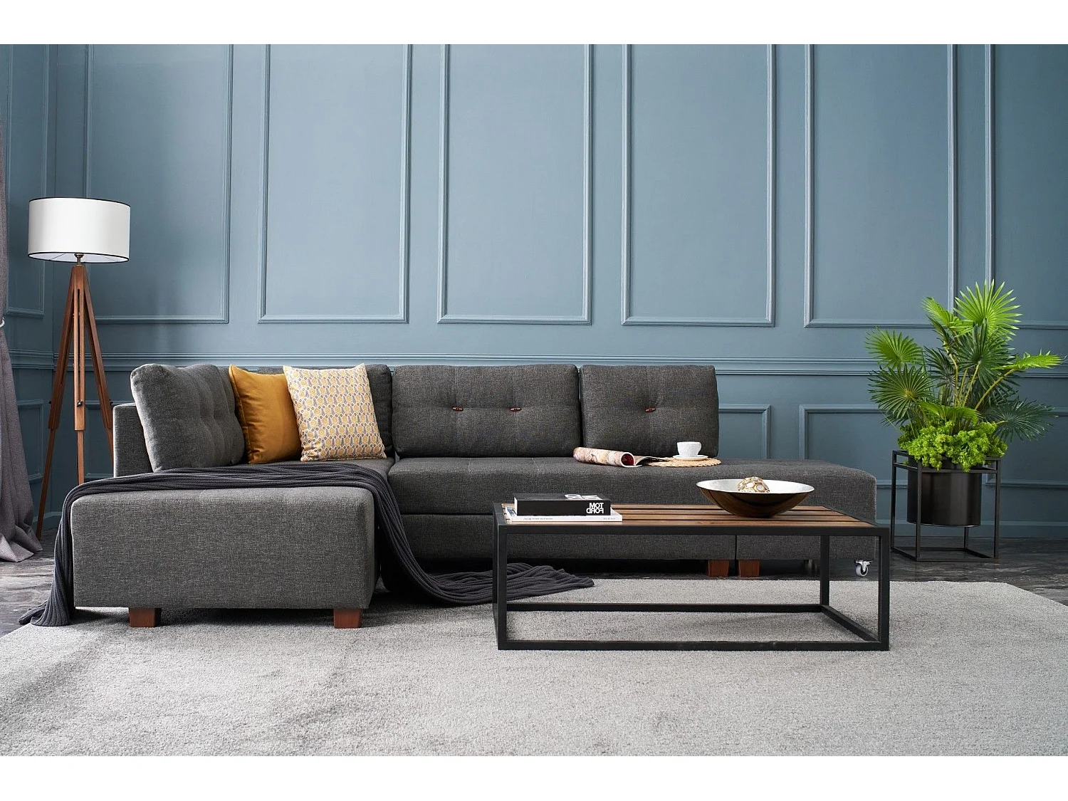 Canapé d'angle gauche convertible Rhodes Tissu Anthracite