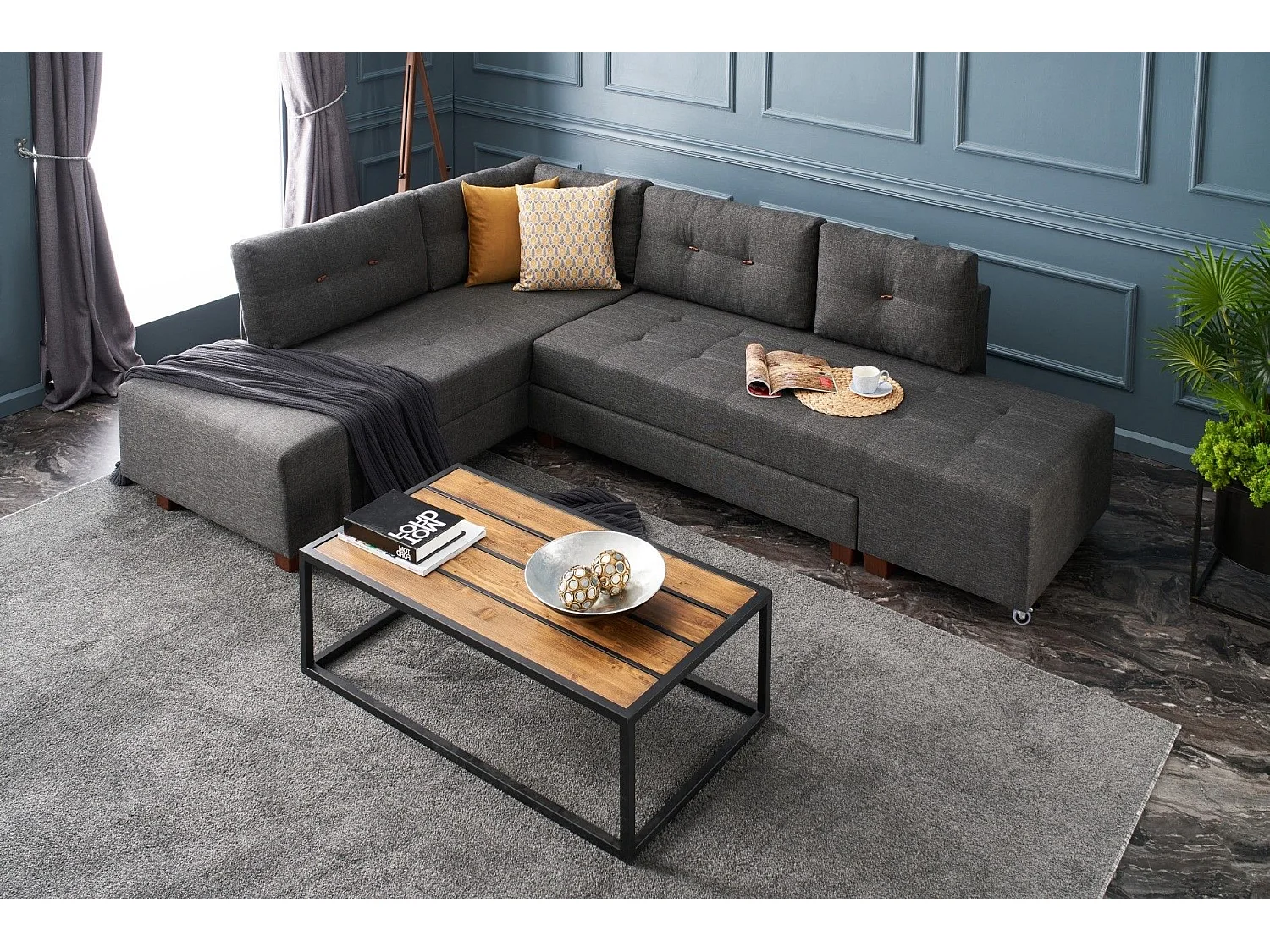 Canapé d'angle gauche convertible Rhodes Tissu Anthracite