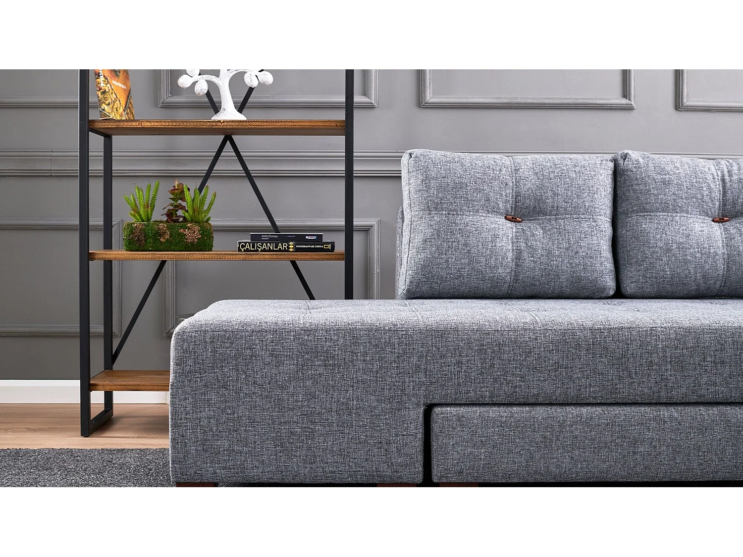 Canapé d'angle à droite convertible Rhodes Tissu Gris