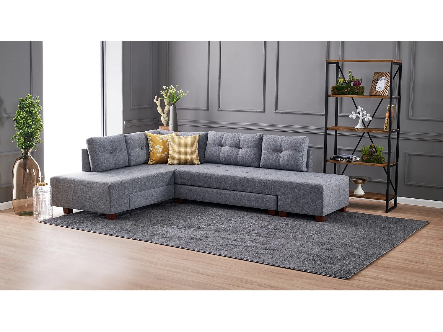 Canapé d'angle à droite convertible Rhodes Tissu Gris