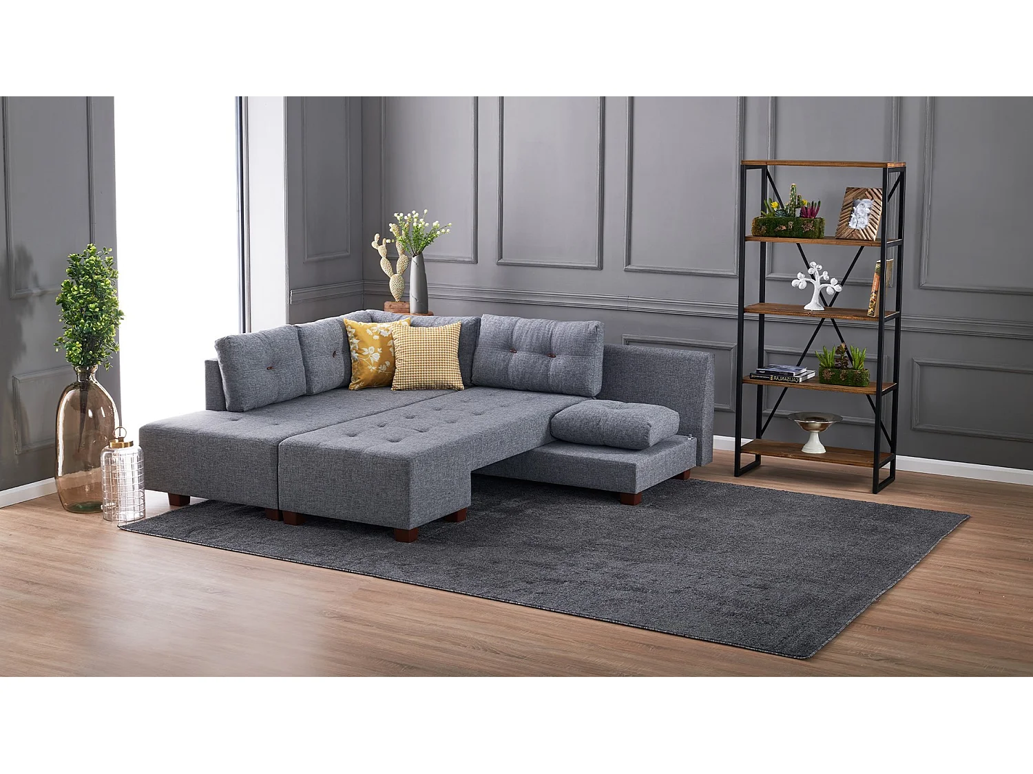 Canapé d'angle à droite convertible Rhodes Tissu Gris