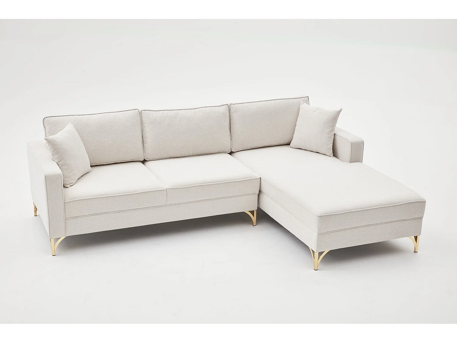 Canapé d'angle moderne Barlino angle à droite Tissu Crème pieds Or