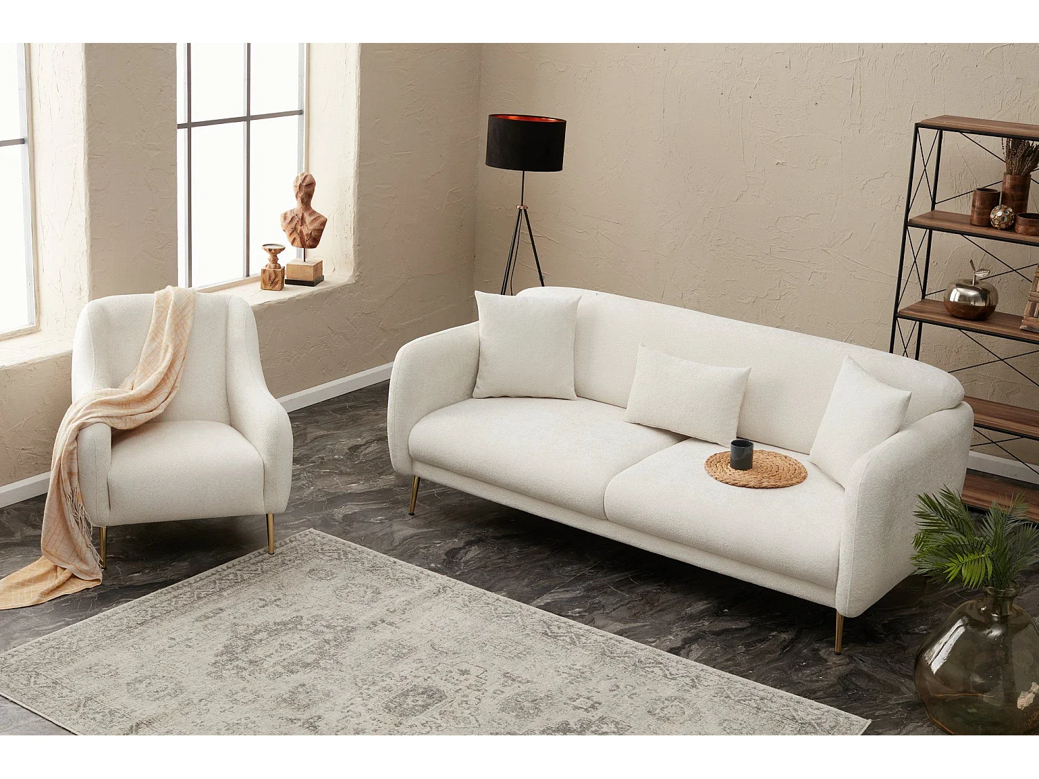 Canapé 3 places convertible pied doré Juanita Tissu Blanc crème