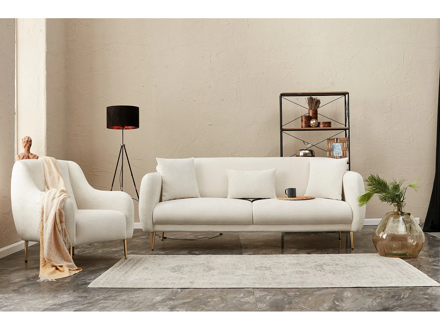 Birka slaapbank in stof en gouden poten 210 cm-Kleur Wit