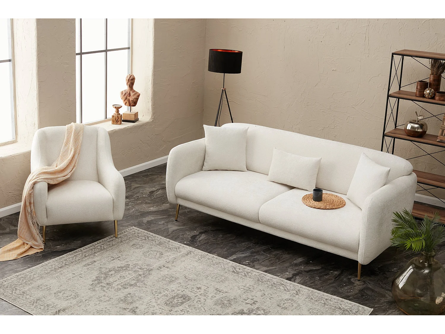 Birka slaapbank in stof en gouden poten 210 cm-Kleur Wit