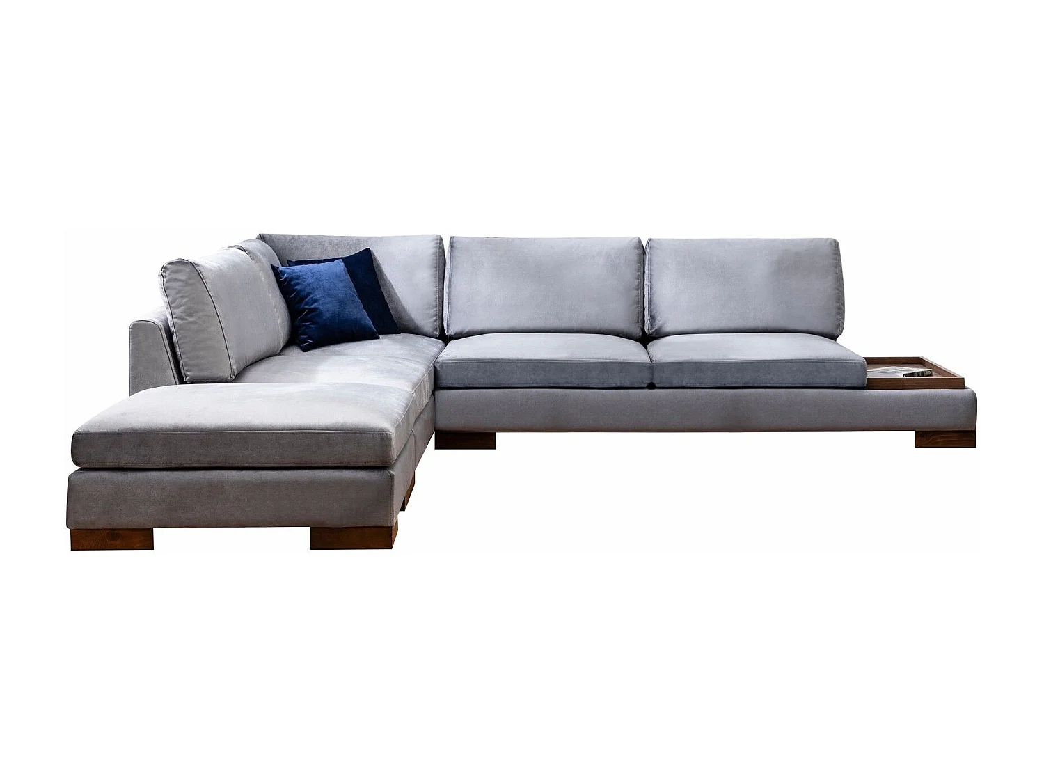 Fluwelen hoekbank met notenhouten blad Bakiza 313 cm-Kleur Grijs-linkerhoek-Ottomaans zonder poef