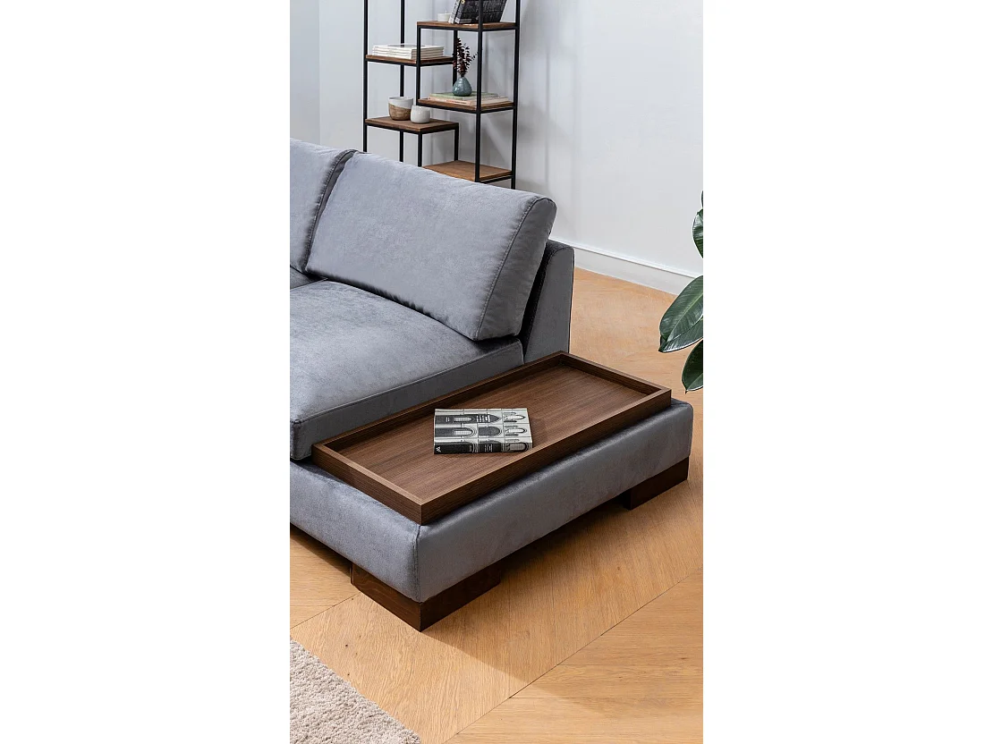 Fluwelen hoekbank met notenhouten blad Bakiza 313 cm-Kleur Grijs-linkerhoek-Ottomaans zonder poef