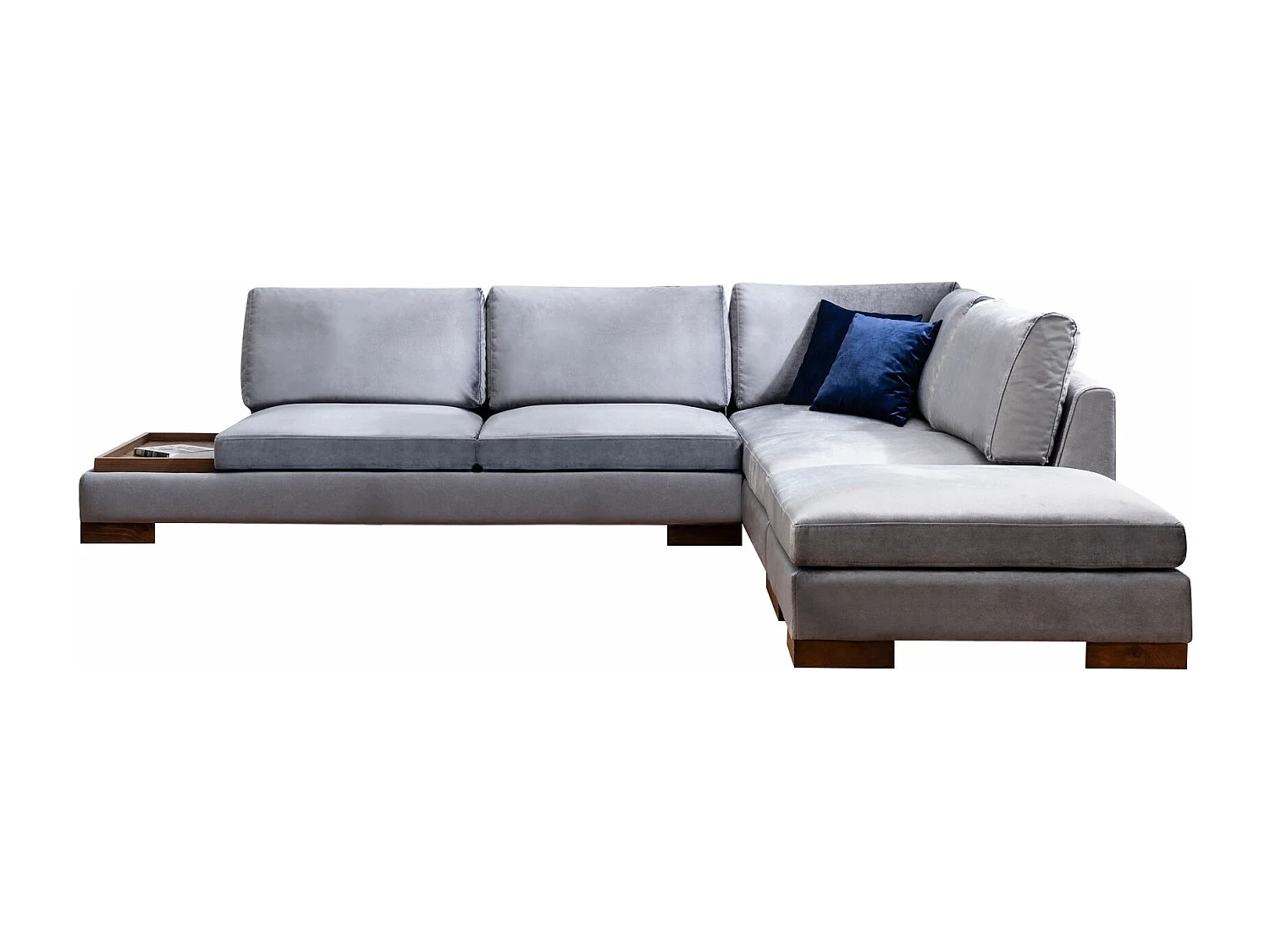 Fluwelen hoekbank met notenhouten blad Bakiza 313 cm-Kleur Grijs-linkerhoek-Ottomaans zonder poef