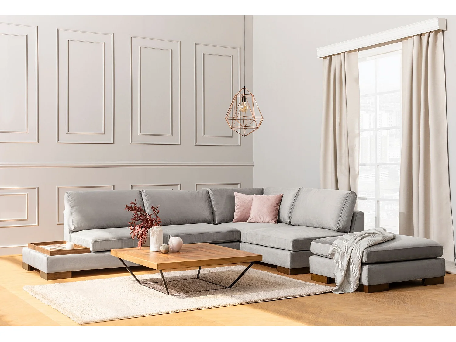 Fluwelen hoekbank met notenhouten blad Bakiza 313 cm-Kleur Grijs-linkerhoek-Ottomaans zonder poef