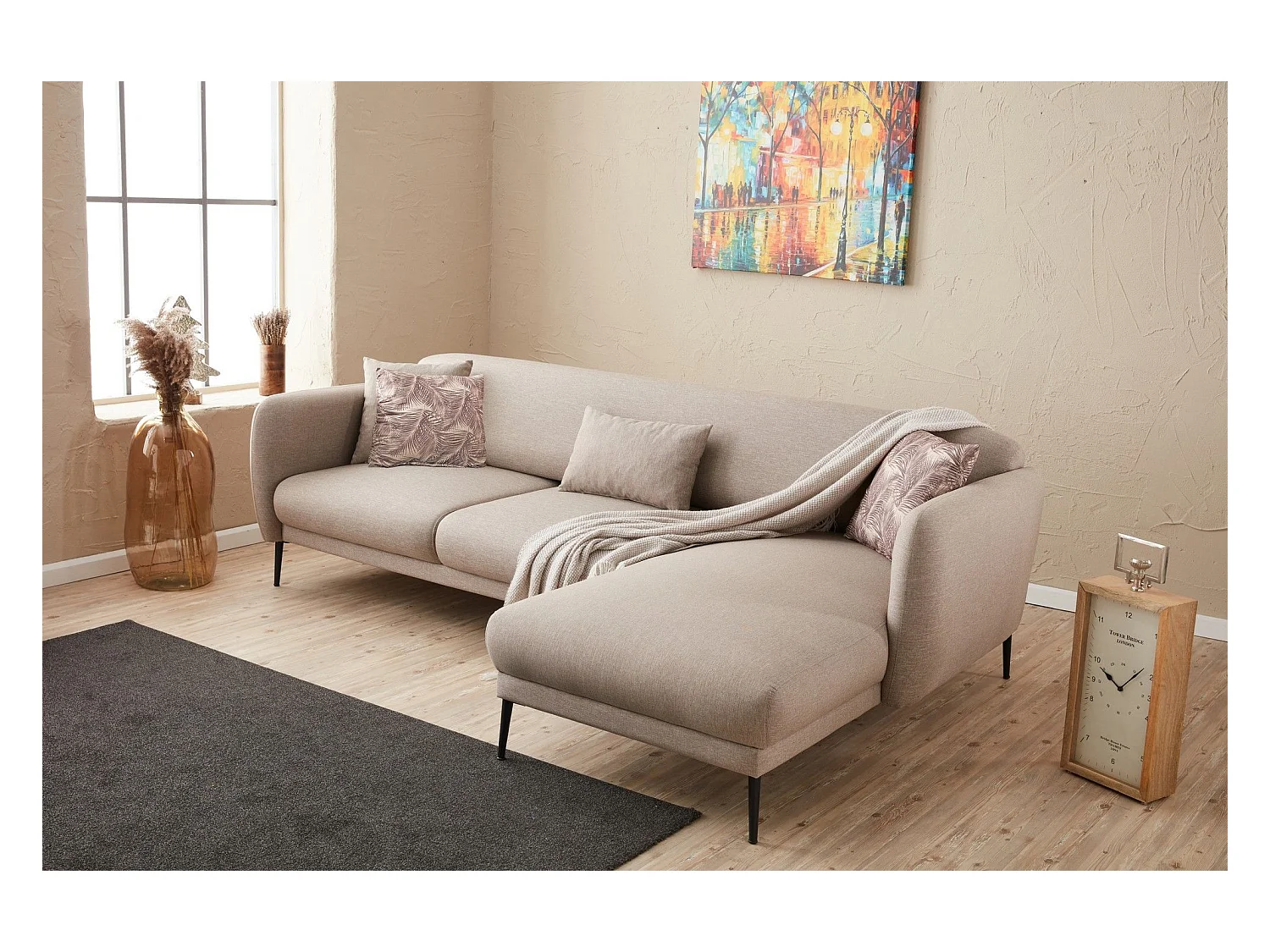 Canapé d'angle à droite Juanita Tissu Blanc crème