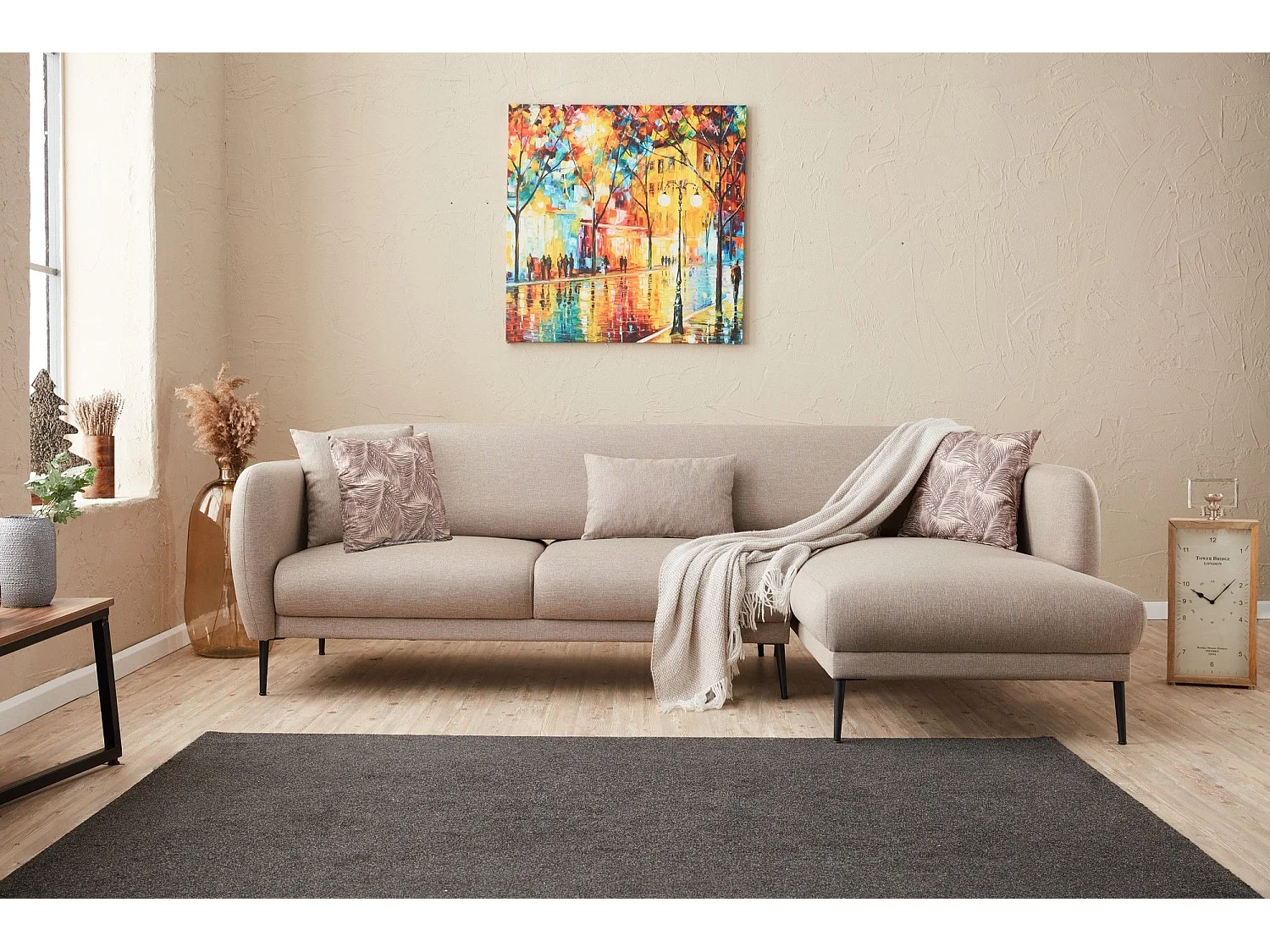 Moderne rechterhoekbank lichtbeige stof Valiko 265 cm