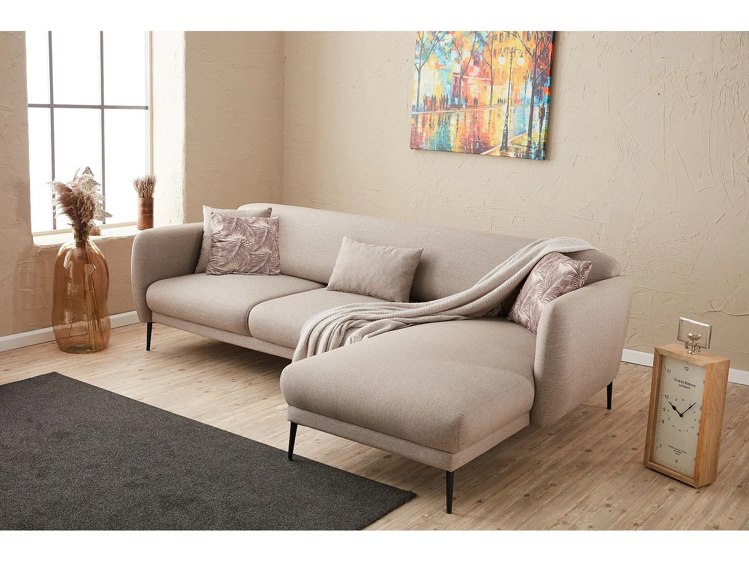 Moderne rechterhoekbank lichtbeige stof Valiko 265 cm