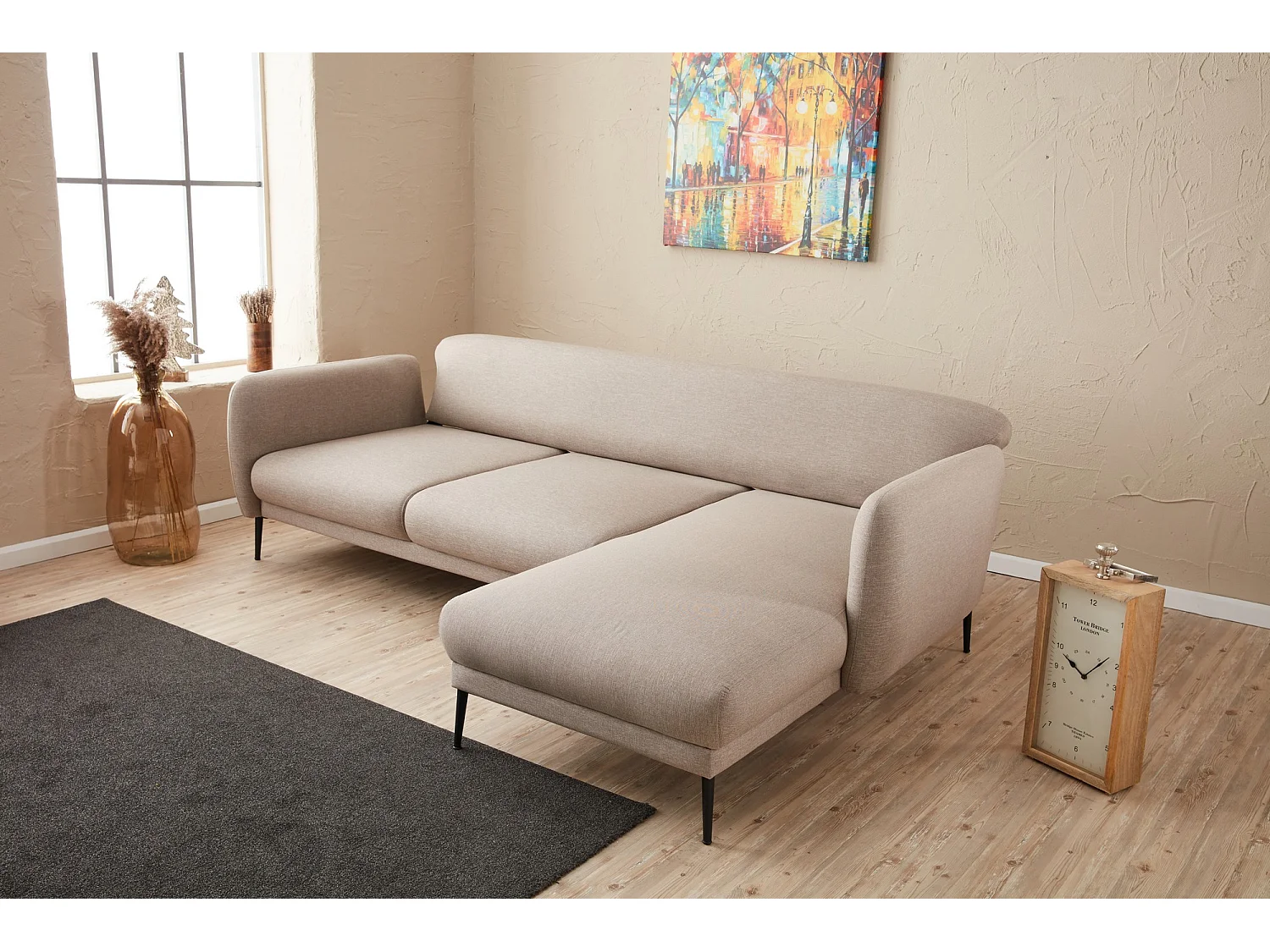 Moderne rechterhoekbank lichtbeige stof Valiko 265 cm