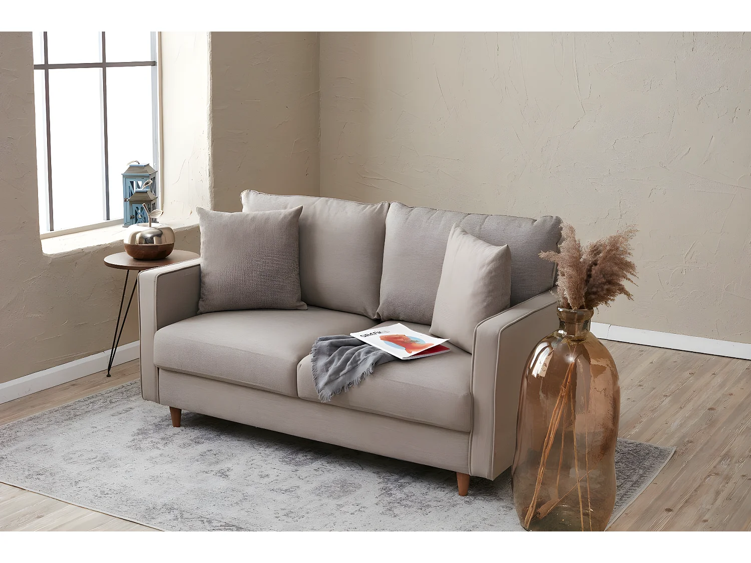 2-zits rechte bank in lichtbeige stof Melano 155 cm