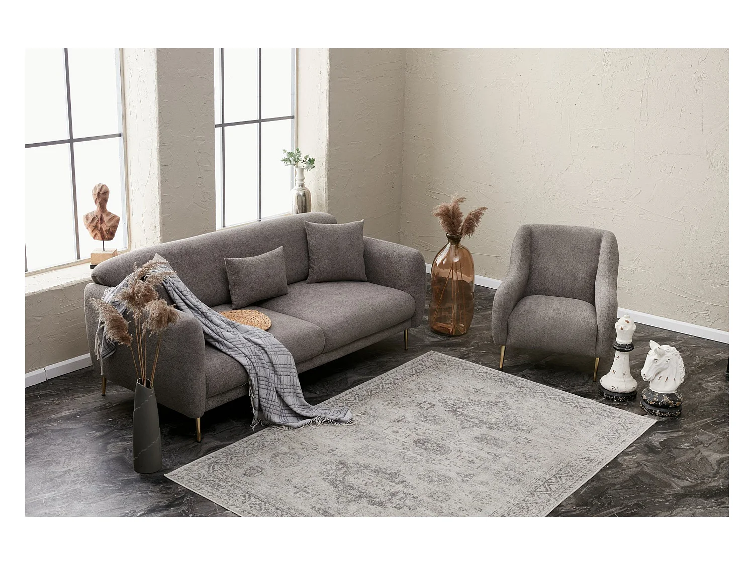 Canapé 3 places convertible pied doré Juanita Tissu Gris