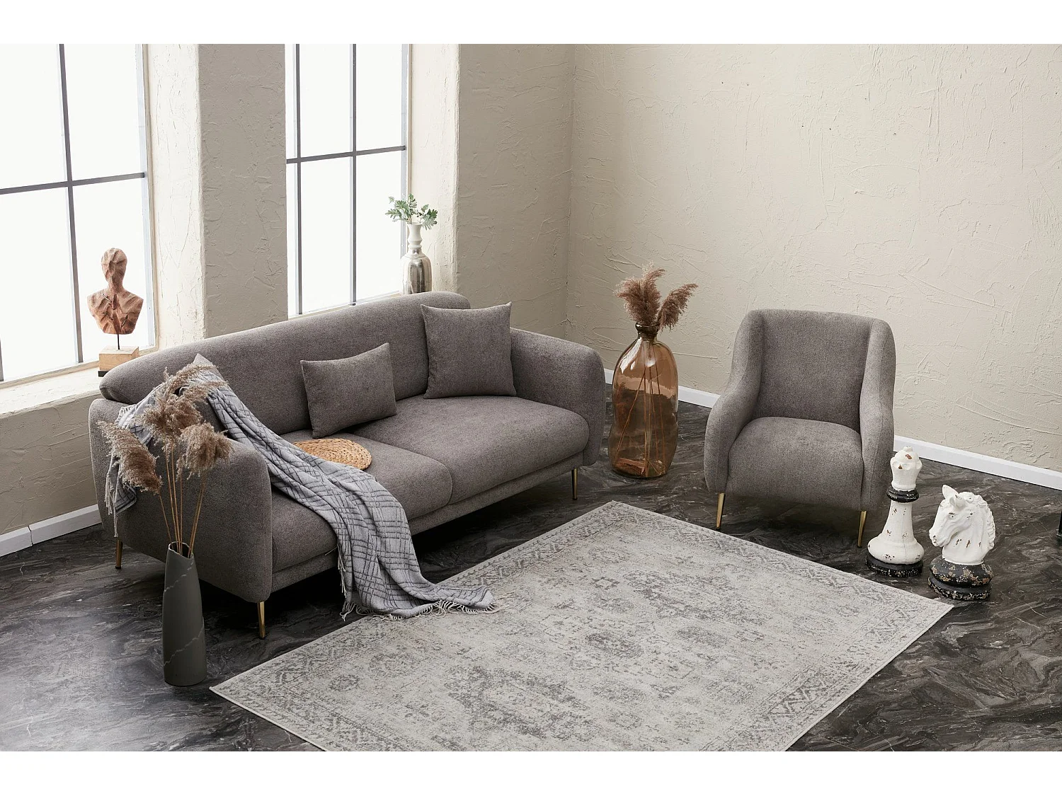 Birka slaapbank in stof en gouden poten 210 cm-Kleur Grijs