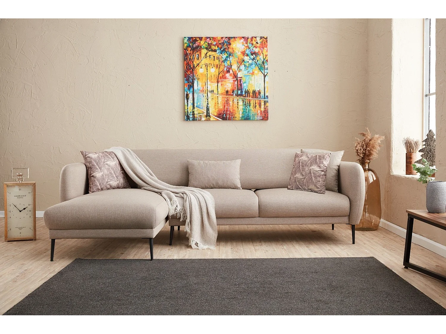 Moderne hoekbank links lichtbeige stof Valiko 265 cm