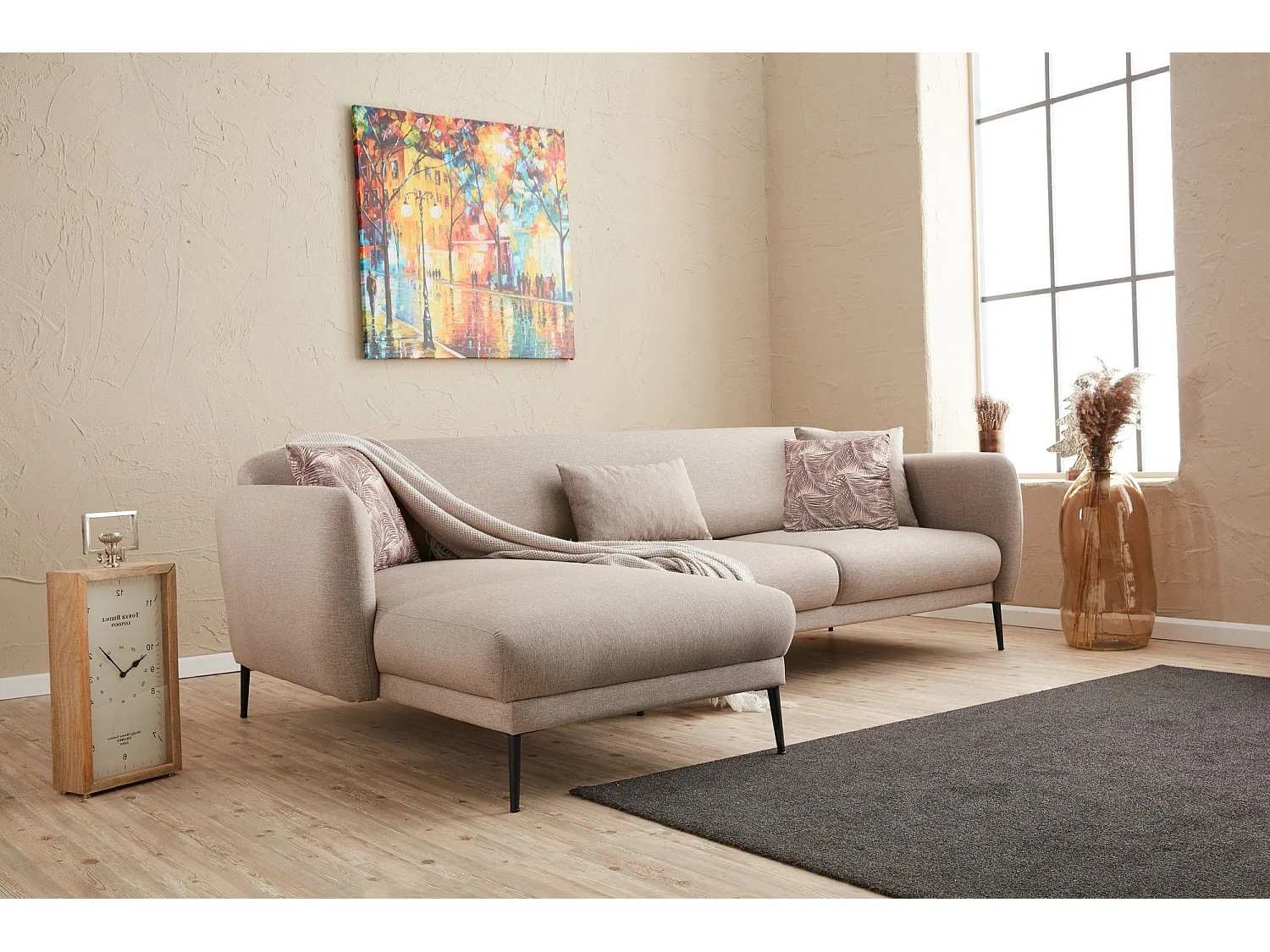 Moderne hoekbank links lichtbeige stof Valiko 265 cm