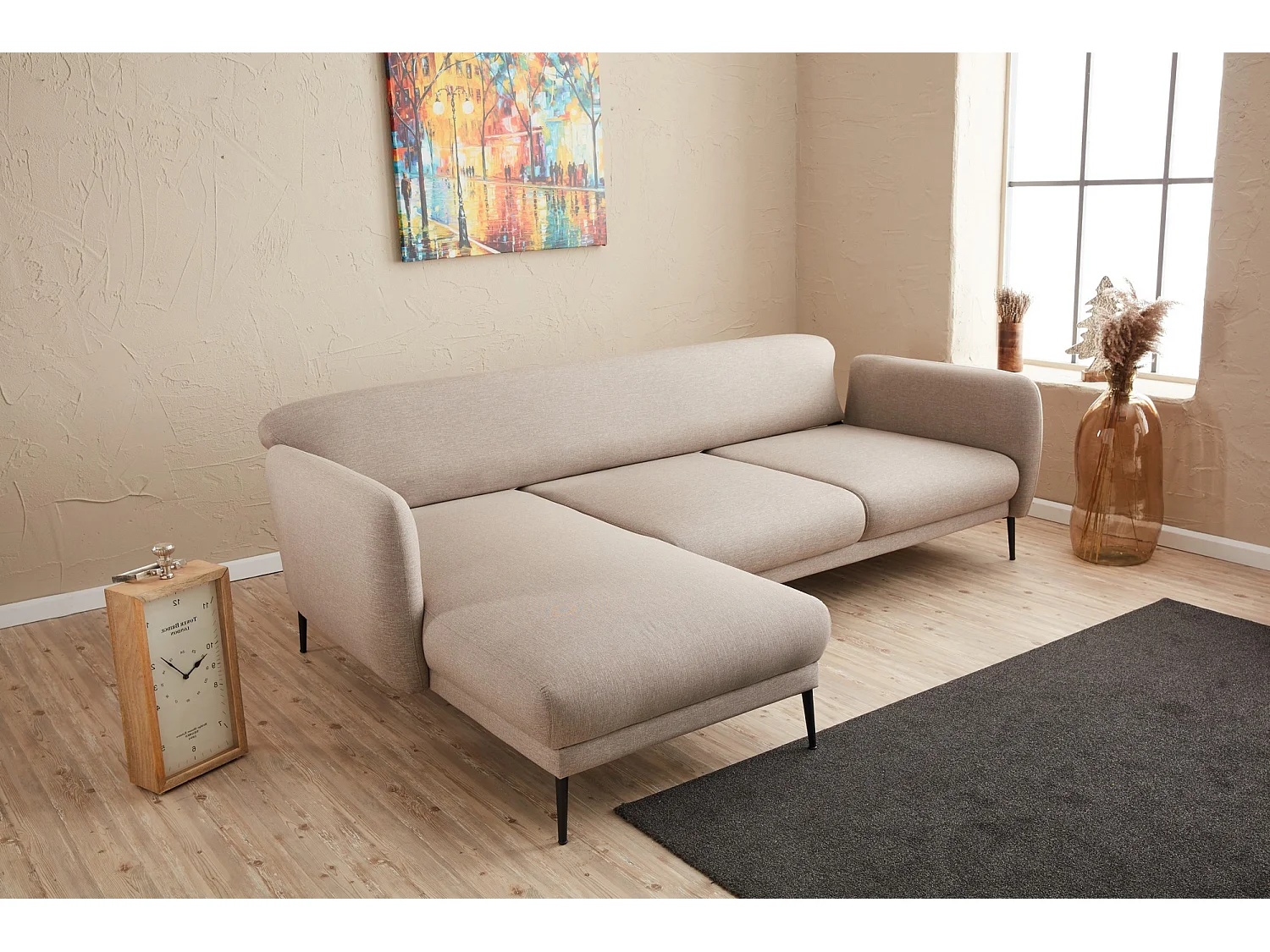 Moderne hoekbank links lichtbeige stof Valiko 265 cm